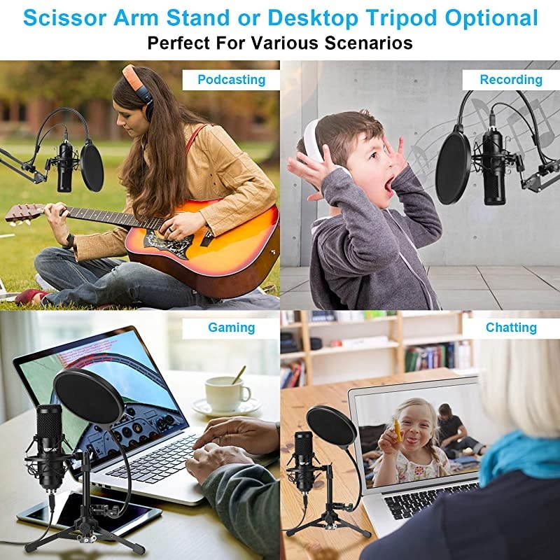 USB Microphone Kit,  192KHz/24Bit USB Condenser Studio Podcast Microphone with Scissor Arm Stand, Metal Shock Mount, Pop Filter, Mounting Clamp, Metal Tripod, Mic Windscreen & Cable