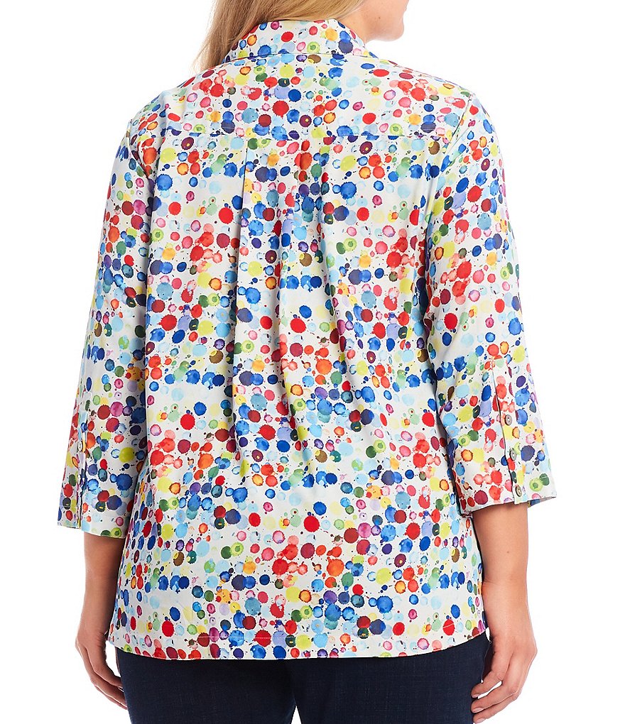 John Mark Plus Size Multicolor Dot Print Point Collar Neck 3/4 Sleeve Hi-Low Button Down Shirt