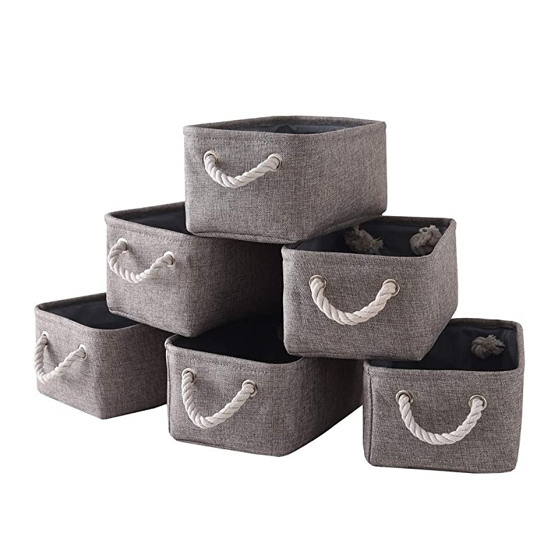 Basket with Cotton Rope Handle Collapsible Bins Set Works As Baby Toy Nursery Baskets 6Pack Beige