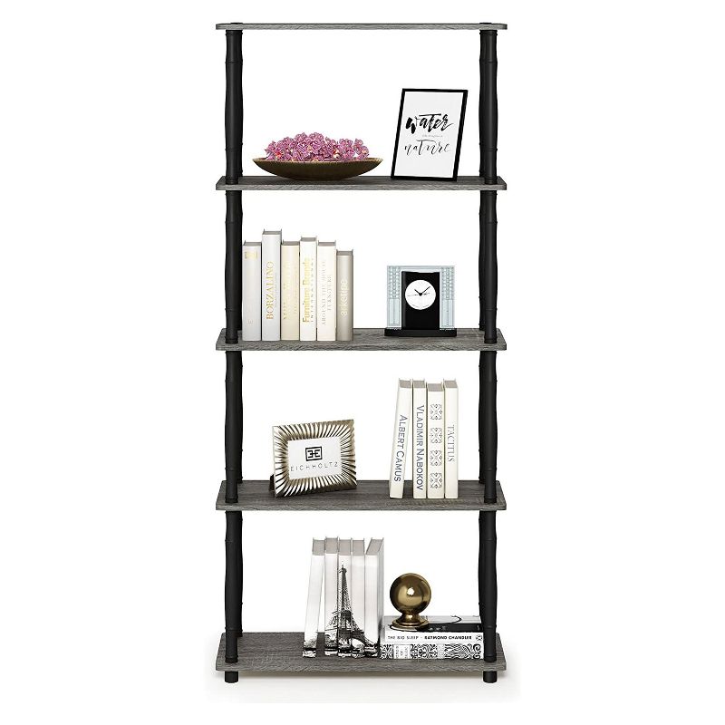 Furinno Turn-N-Tube 5 Tier Wooden PVC Corner Display Shelf and Bookcase for Living Room, Dining Room, Bedroom, & Office Spaces, French Oak Grey/Black