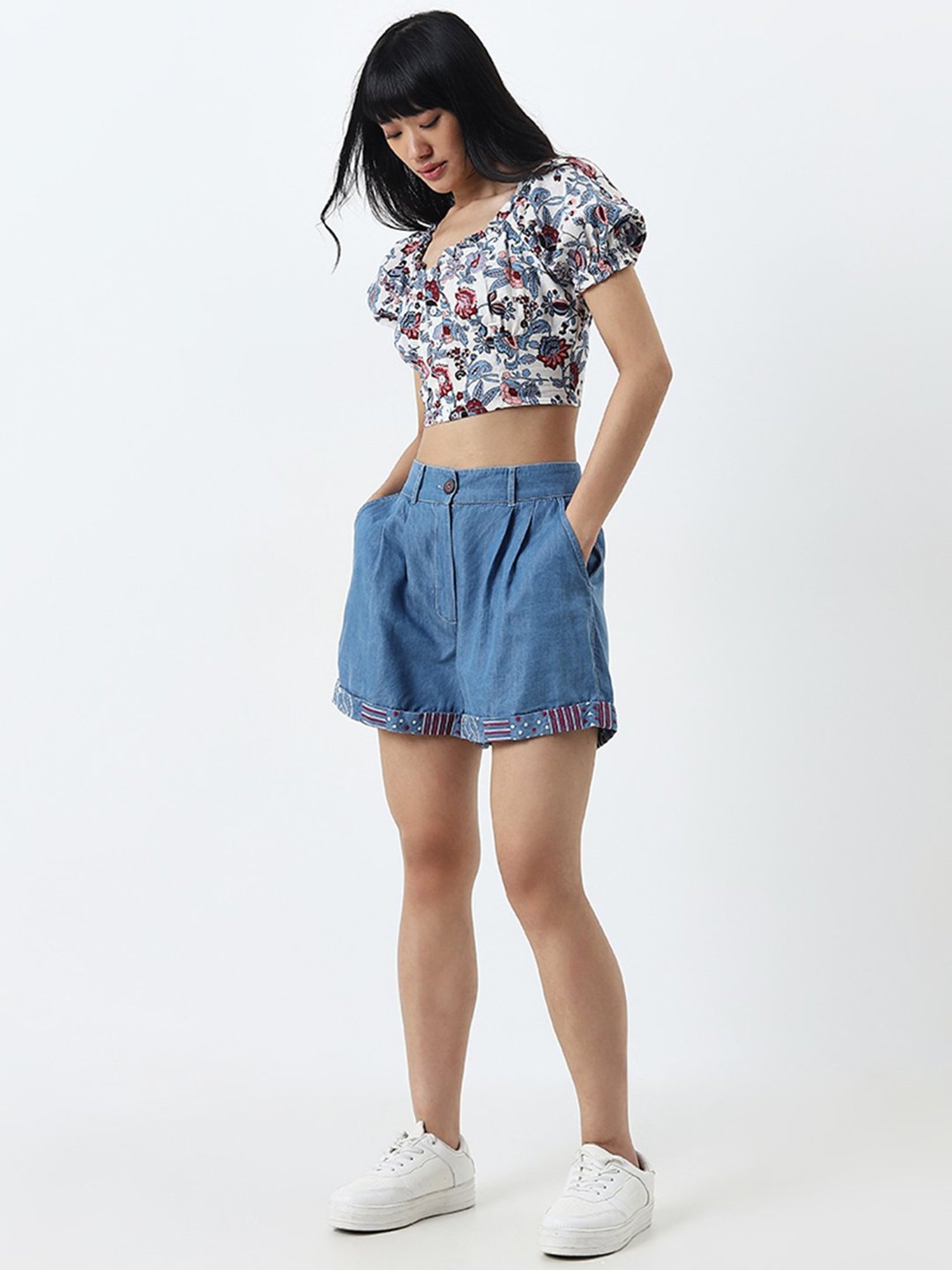 Bombay Paisley by Westside Blue Embroidered High-Rise Shorts