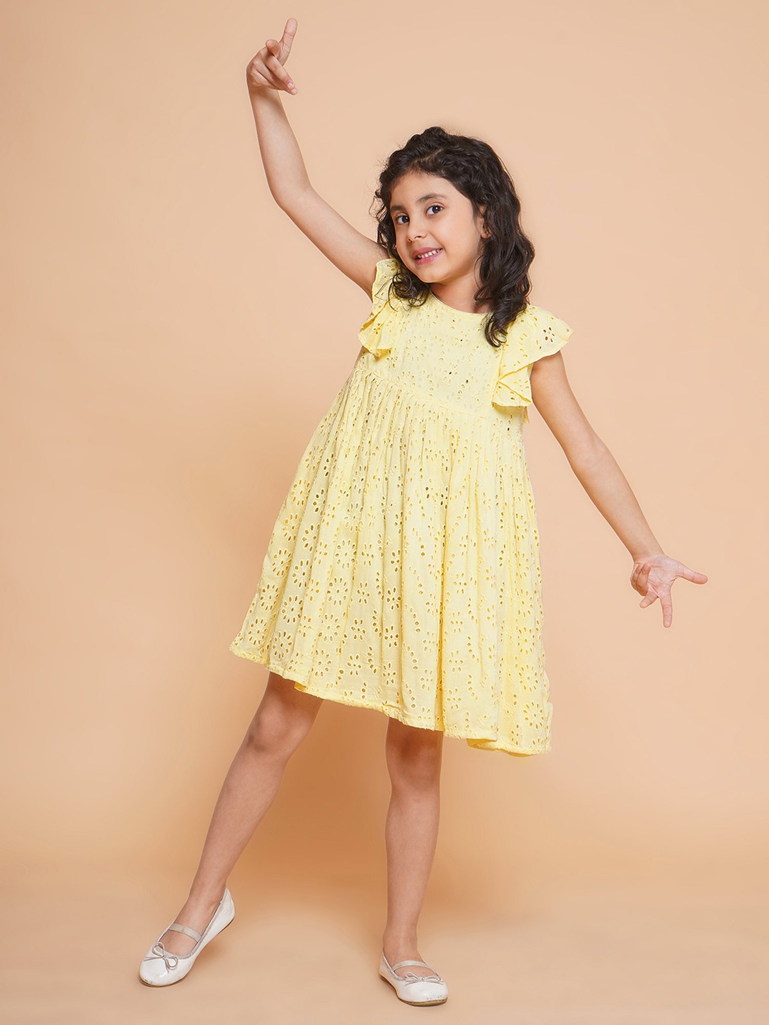 Little Bansi Kids Yellow Self Design Dress