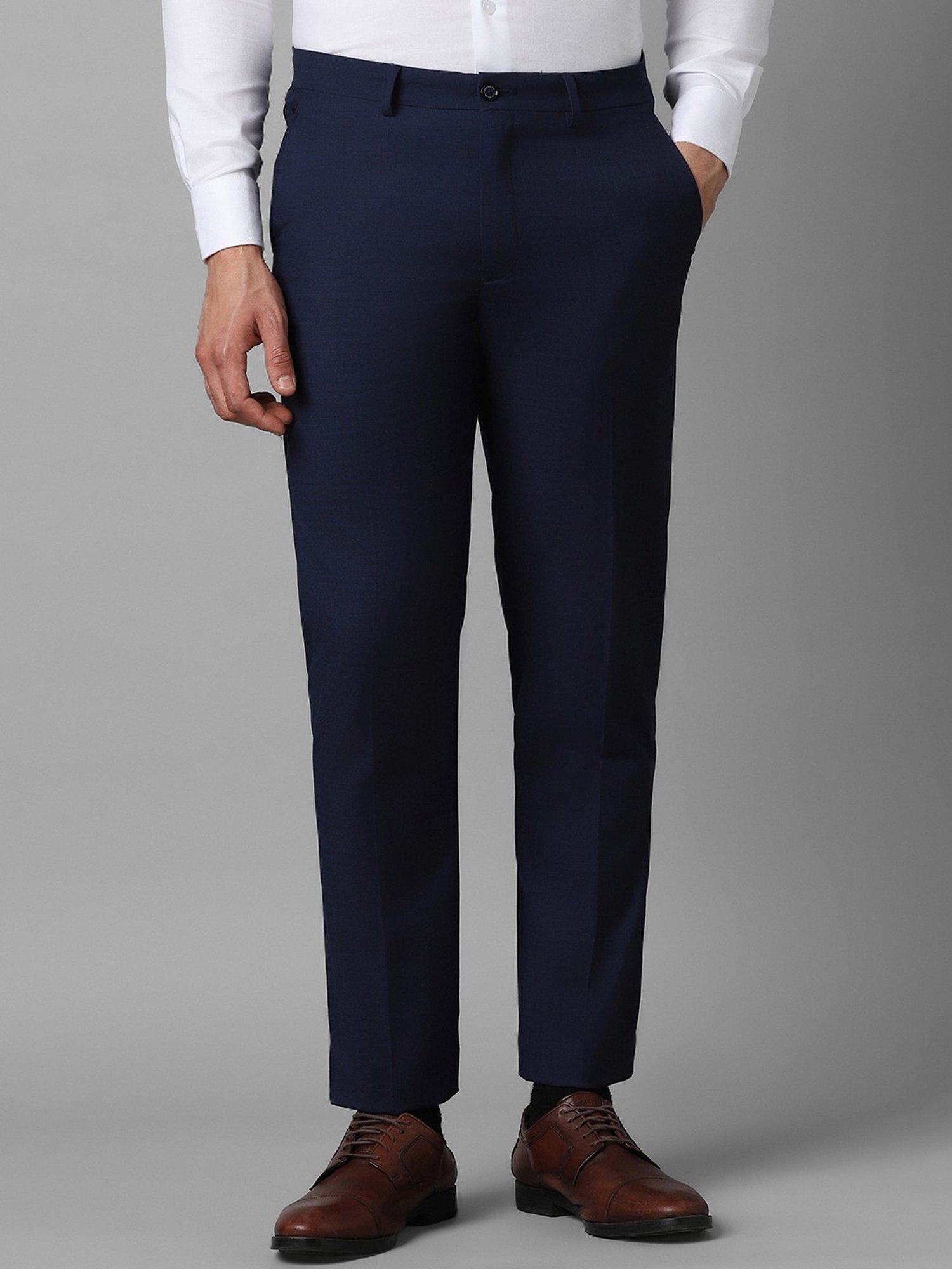 Louis Philippe Navy Slim Fit Striped Trousers