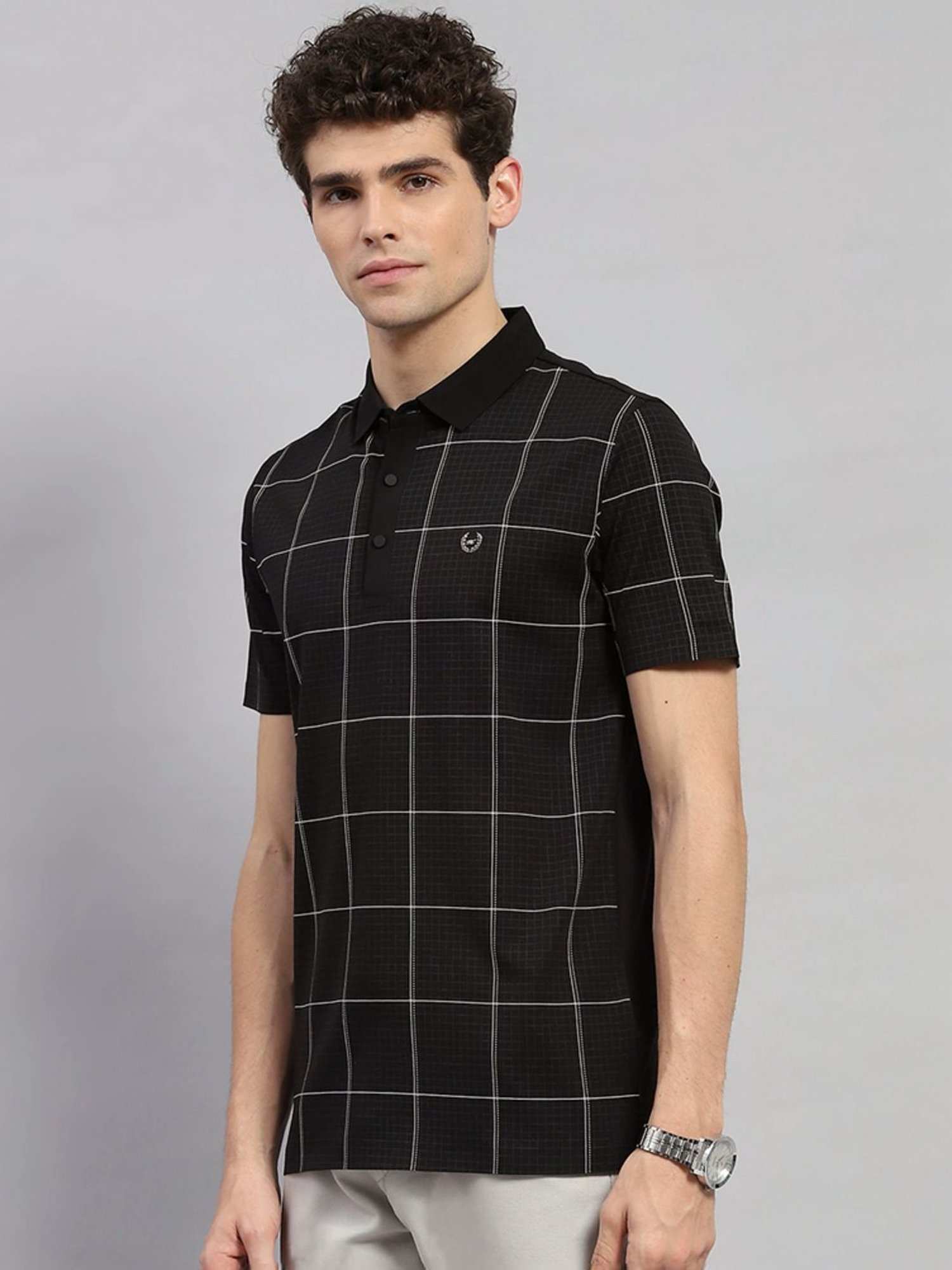 Monte Carlo Black Regular Fit Checks Polo T-Shirt