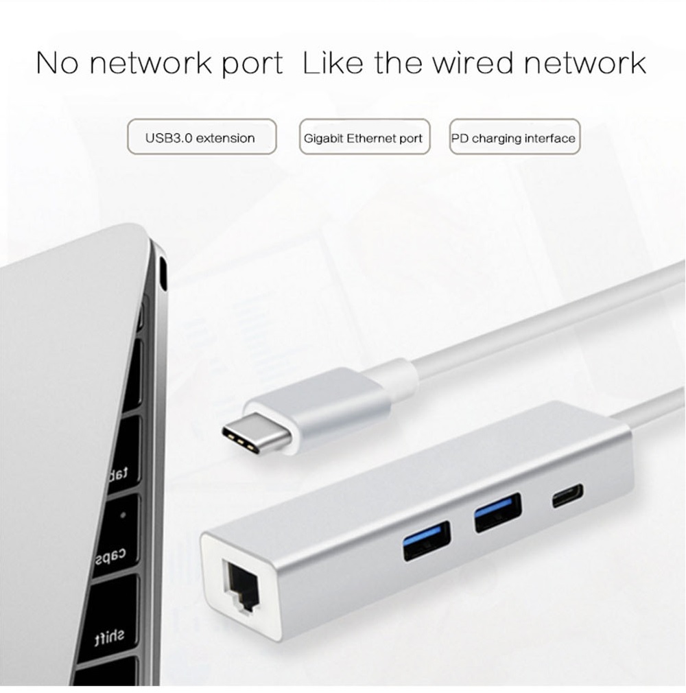 4 in 1 USB-C HUB Type-C to Gigabit Ethernet / USB C PD / 2 x USB3.0 Adapter, Support 1000Mbps Ethernet, USB-C PD Quick Charging and 2 USB 3.0 HUB for New MacBook, ChromeBook and Matebook.