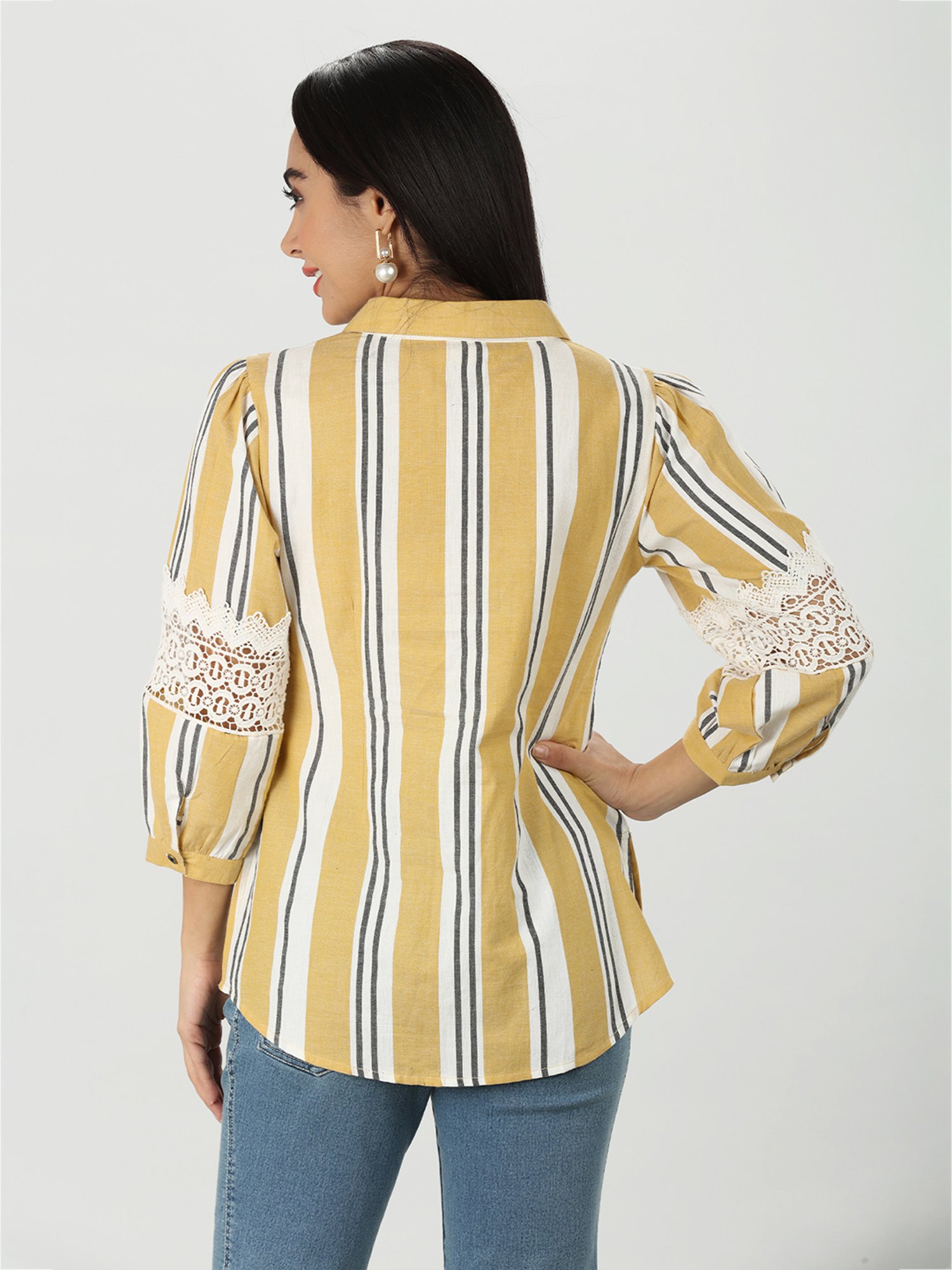 Mustard Yellow & White Cotton Striped Shirt