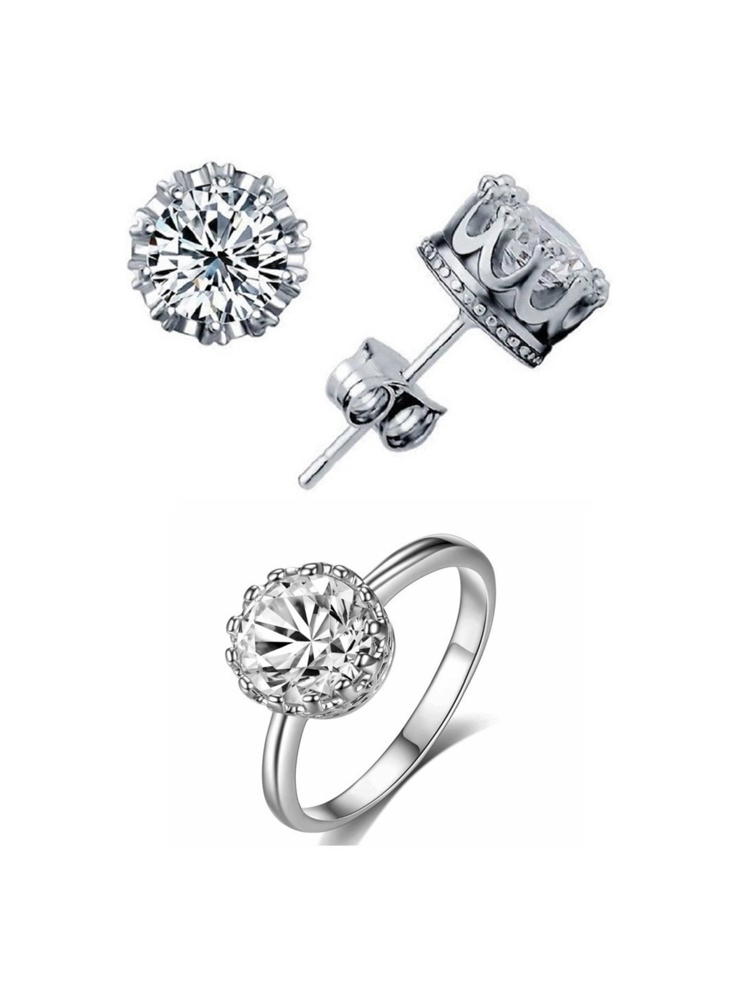 OOMPH Crown Design Cubic Zirconia Earrings & Ring Set