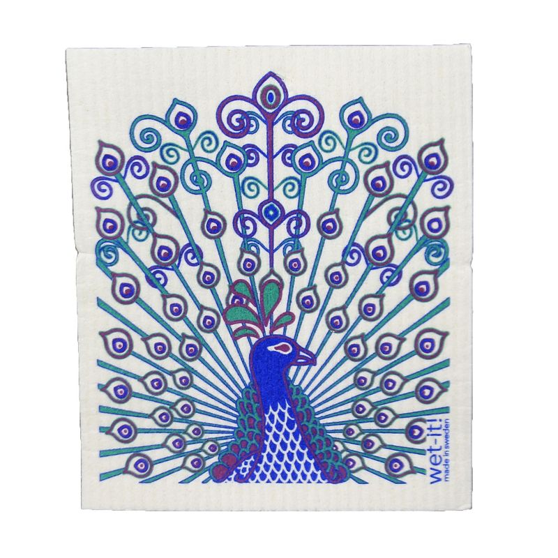 Swedish Dish Cloth 7.75" Peacock & Diamonds In Blue S/2 Dishcloth Clean Up Kitchen  -  Dish Cloth