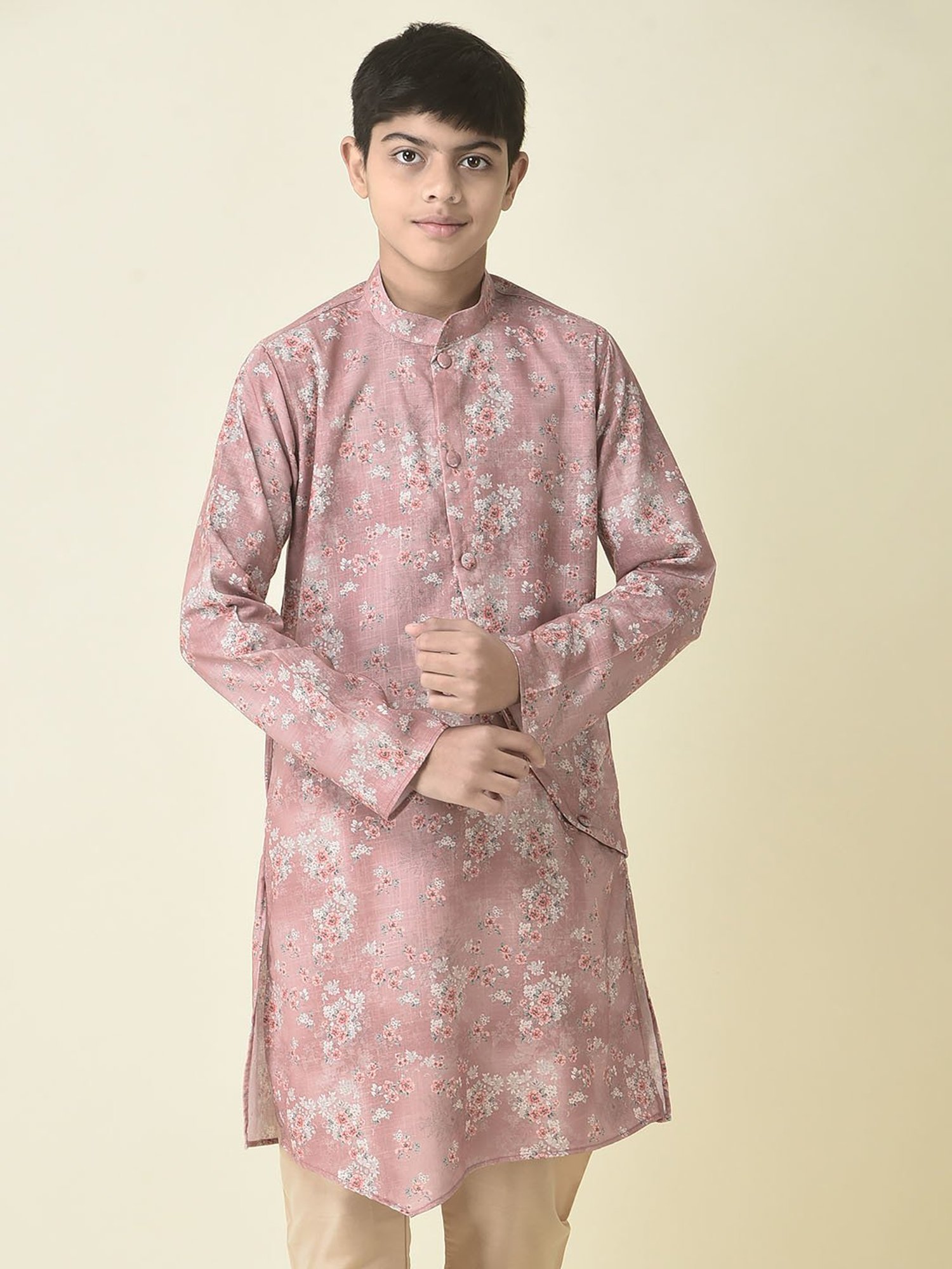 TABARD Kids Pink Floral Print Full Sleeves Kurta