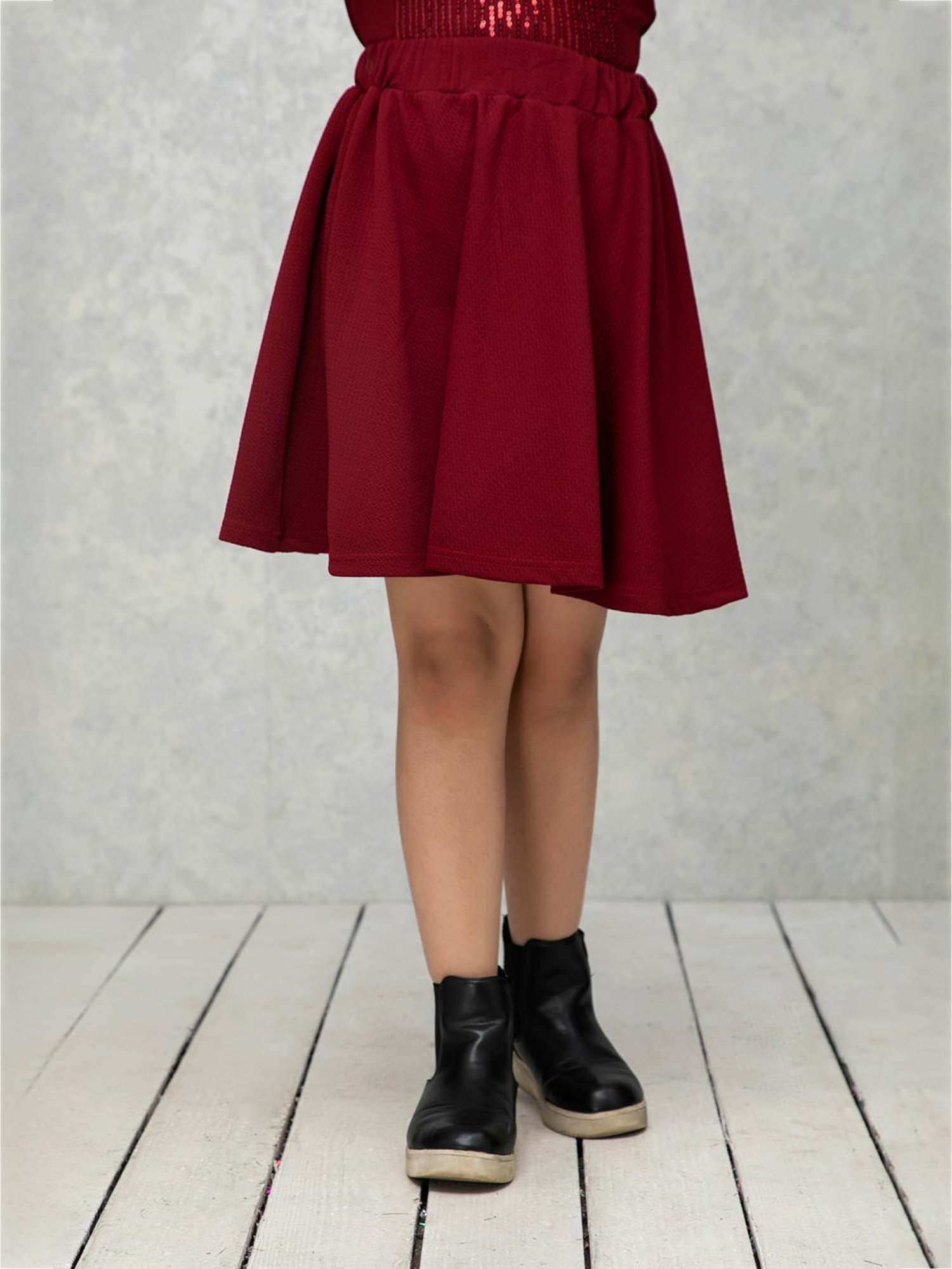 NEUDIS Kids Maroon Embellished Full Sleeves Top with Skirt