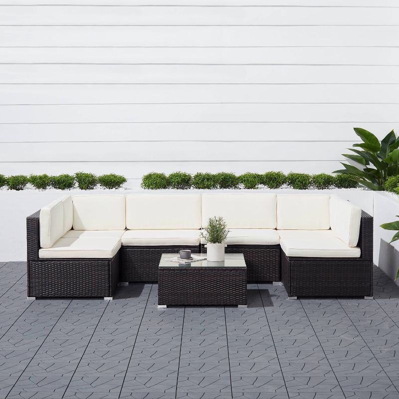 Venice 6pc Classic Outdoor Wicker Sectional Sofa with Seat and Back Cushion - Black - Vifah