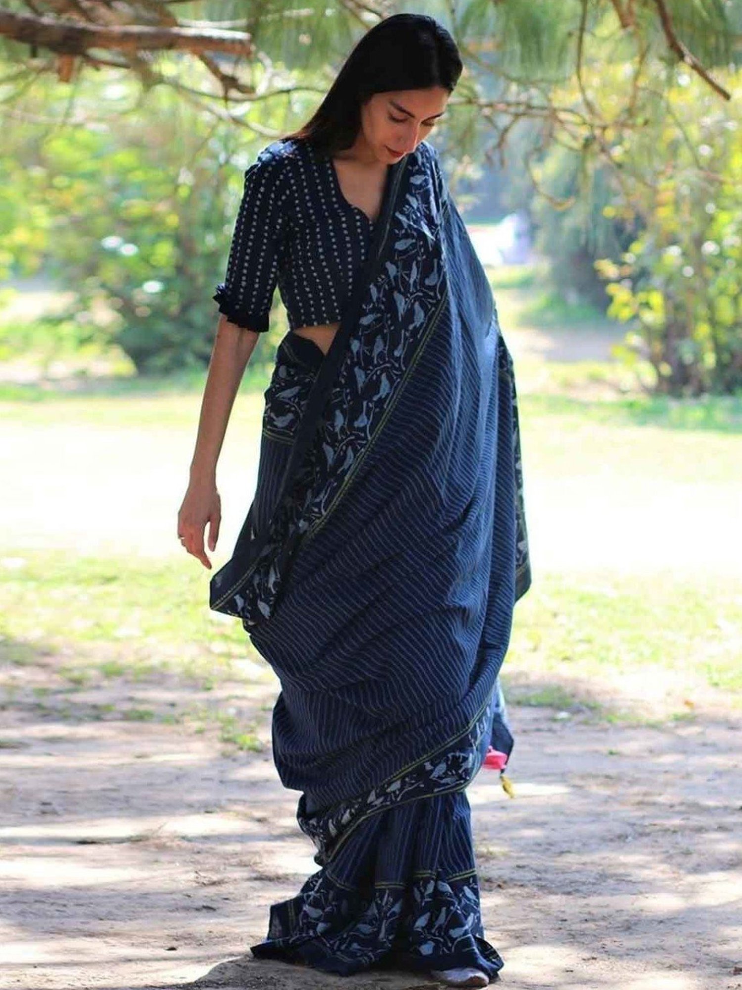 Chidiyaa Blue Block Printed Cotton Mul Saree