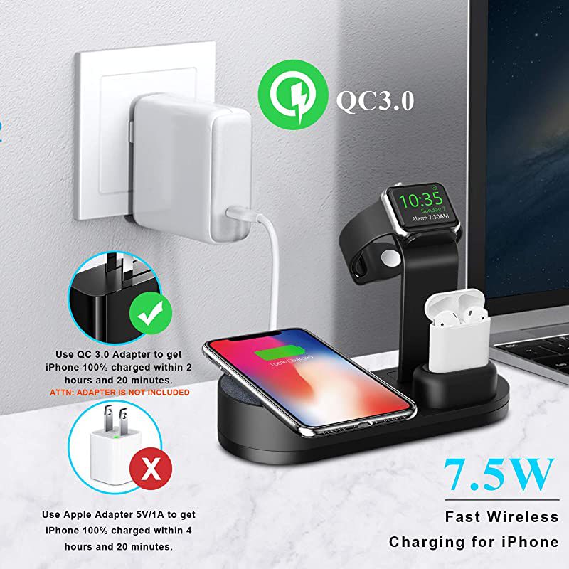 Wireless Charger Designed for Apple Watch Stand Compatible with Apple Watch Series 5 4 3 2 1 AirPods 1 Airpods 2 and iPhone 11 11 pro 11 Pro Max Xs X Max XR X 8 8Plus No Adapter Black