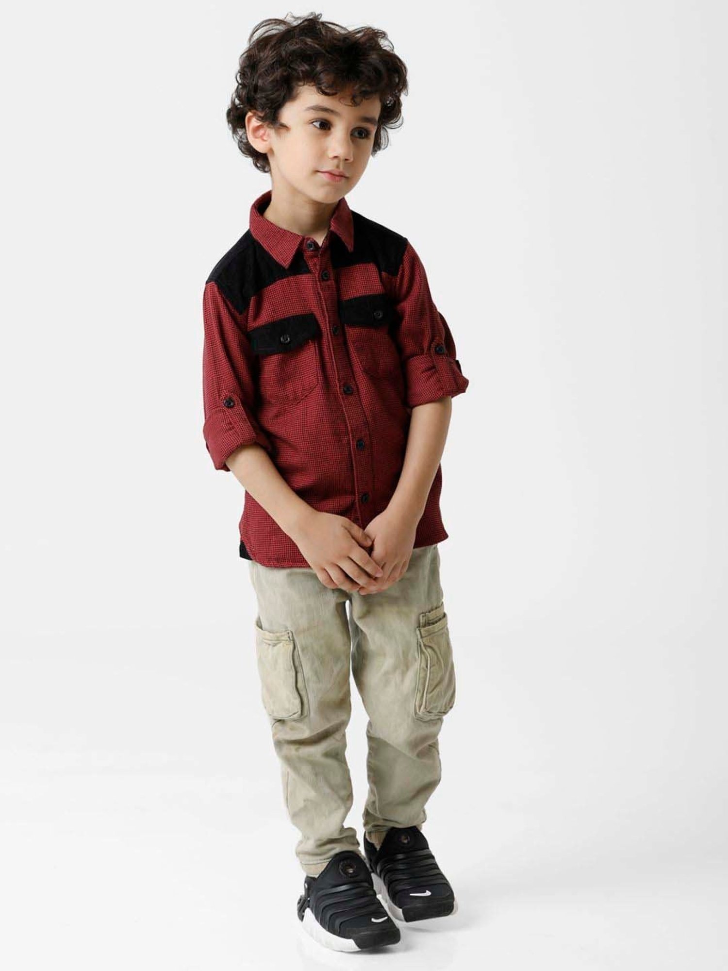 Kate & Oscar Kids Red & Black Cotton Houndstooth Full Sleeves Shirt