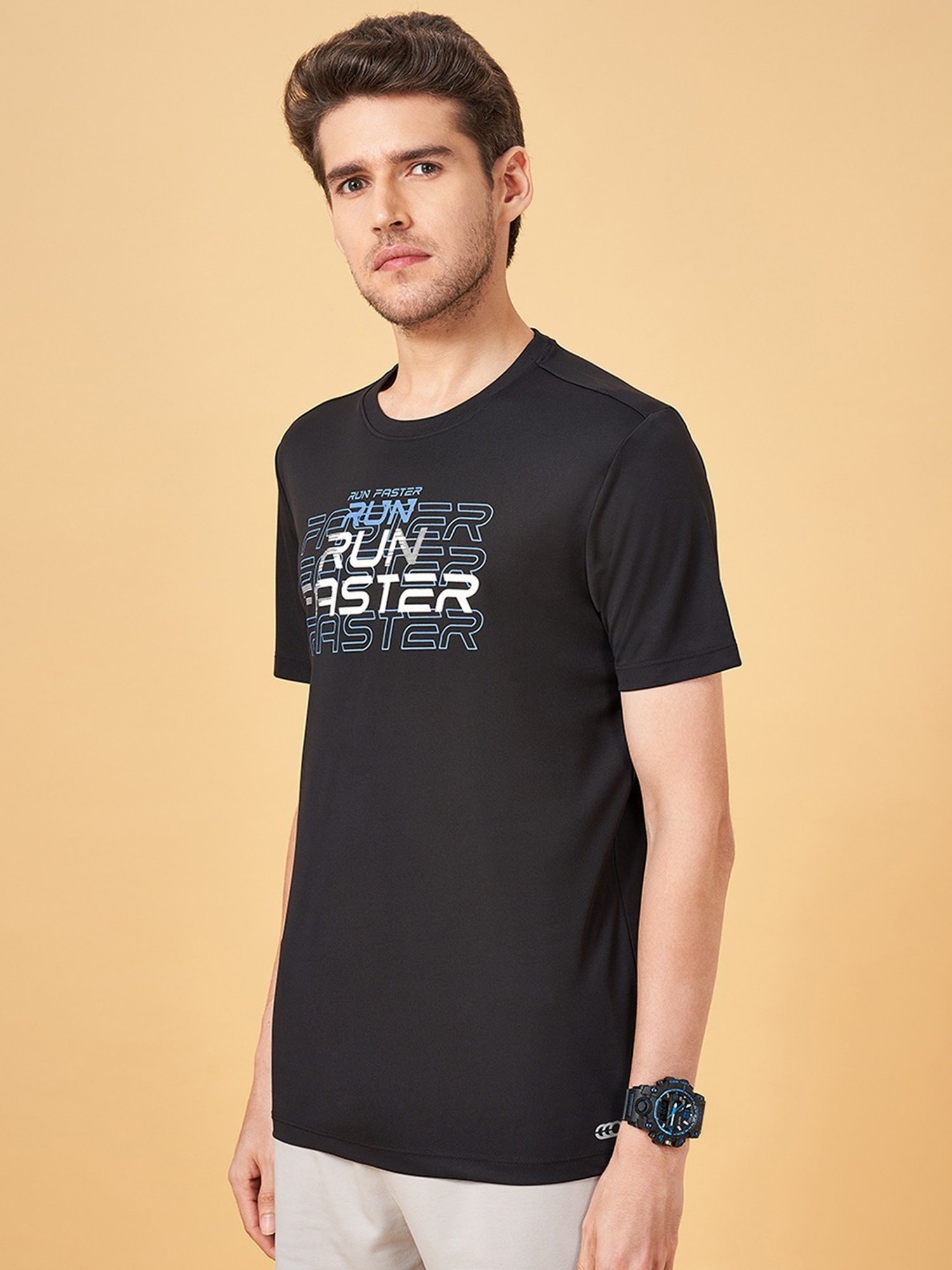 Ajile by Pantaloons Jet Black Slim Fit Printed Sports T-Shirt