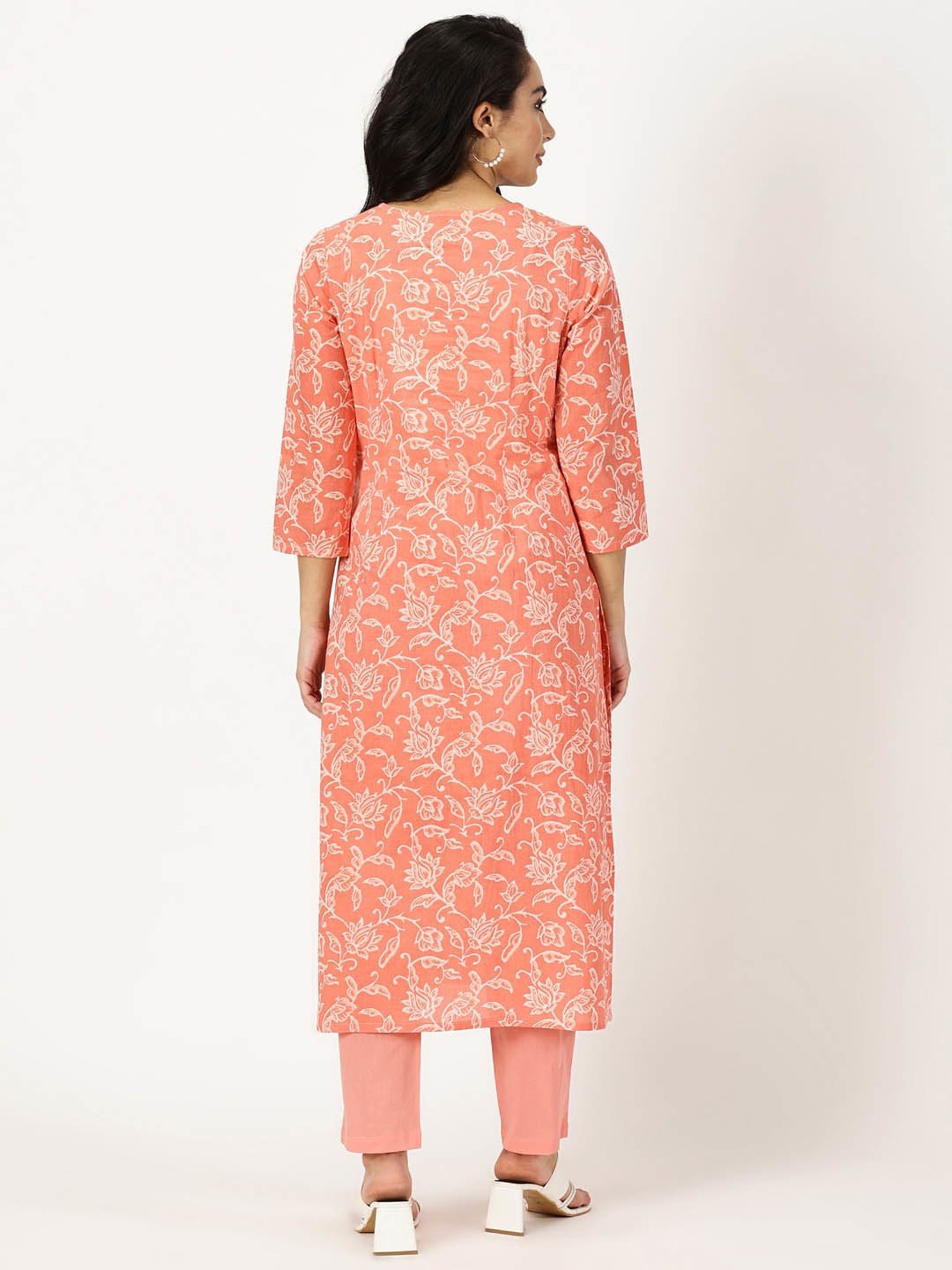 Saffron Threads Coral Cotton Floral Print Straight Kurta