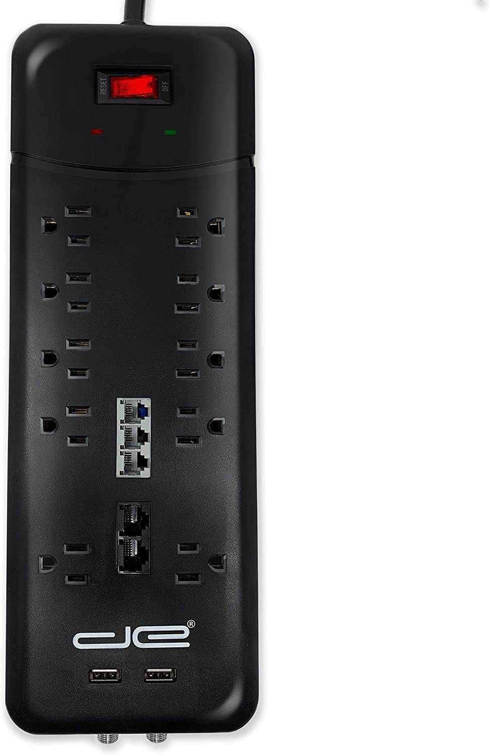 Digital Energy 15-ft Heavy Duty 10-Outlet 3500 Joules Surge Protector Power Strip, 15 Foot Long Extension Cord, Two USB Charging Ports, Coaxial, Phone Protection, ETL Listed. 15 AMP, Black