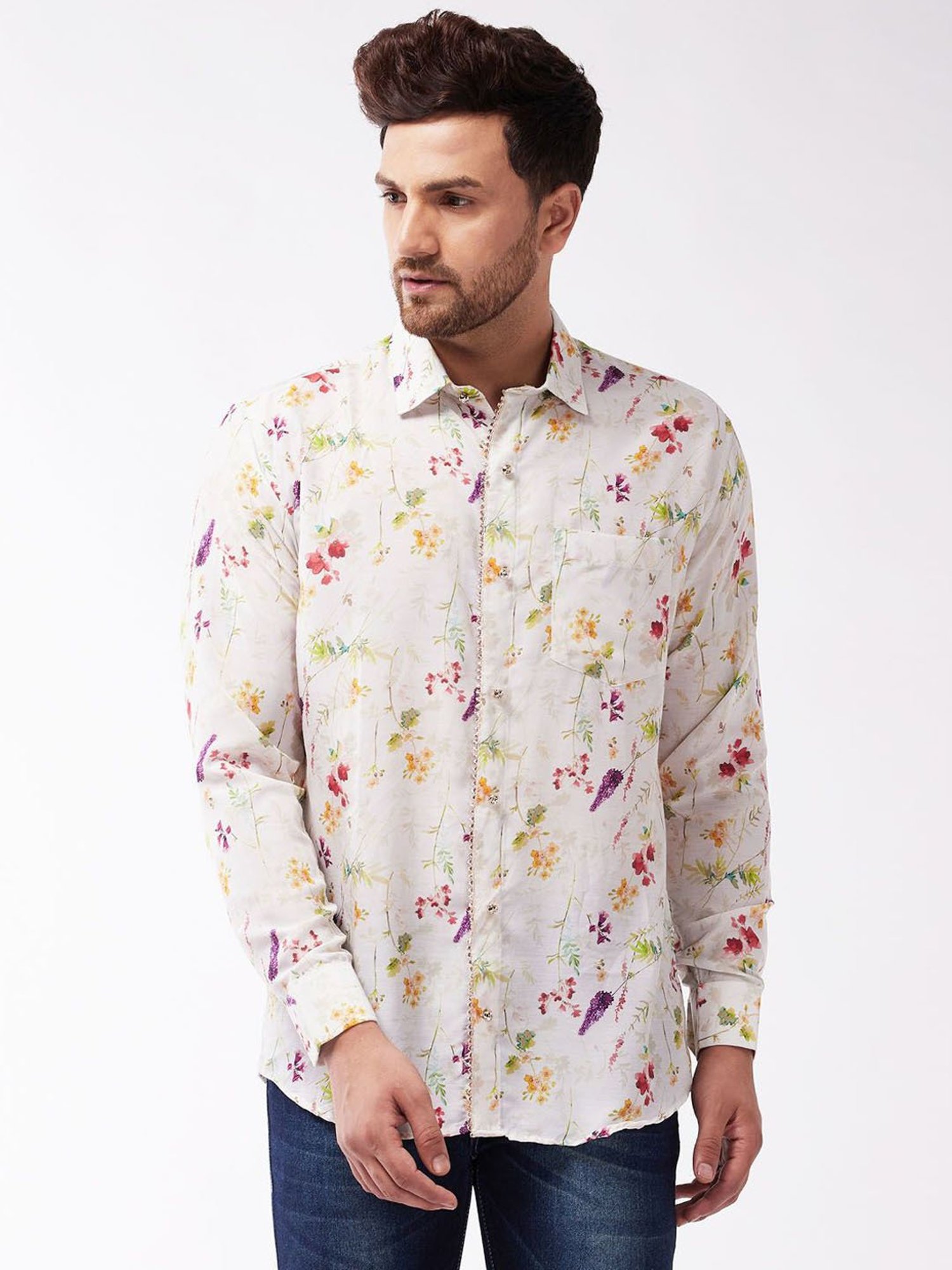 Vastramay Cream Straight Fit Printed Shirts