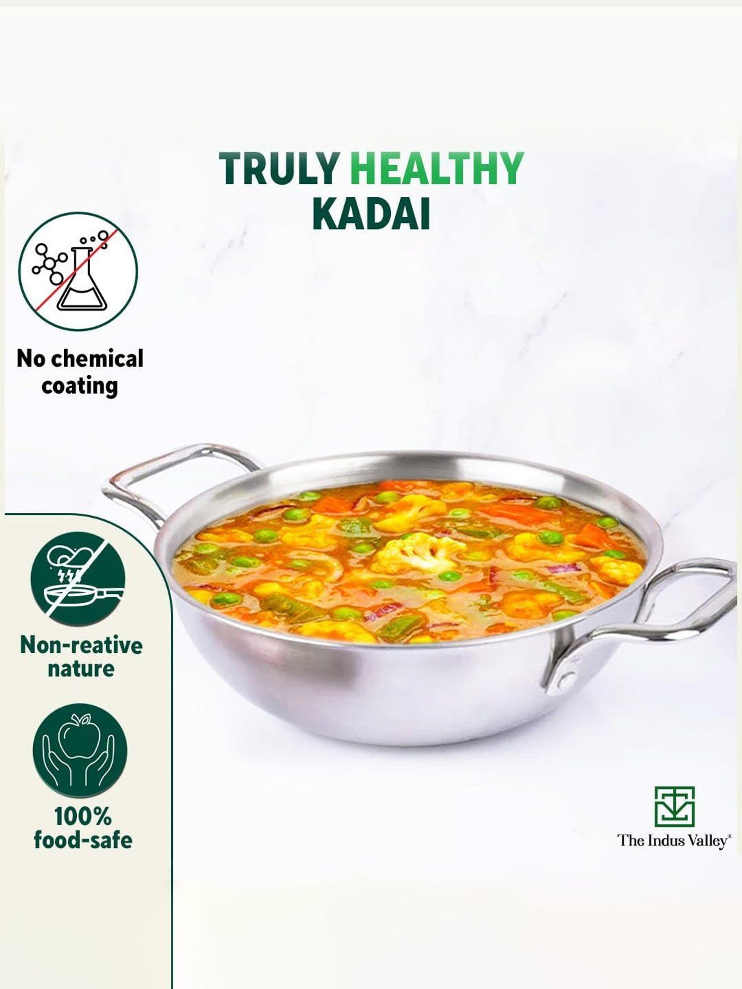 The Indus Valley Silver Stainless Steel Kadhai with Free Wooden Flip (1.7 L)