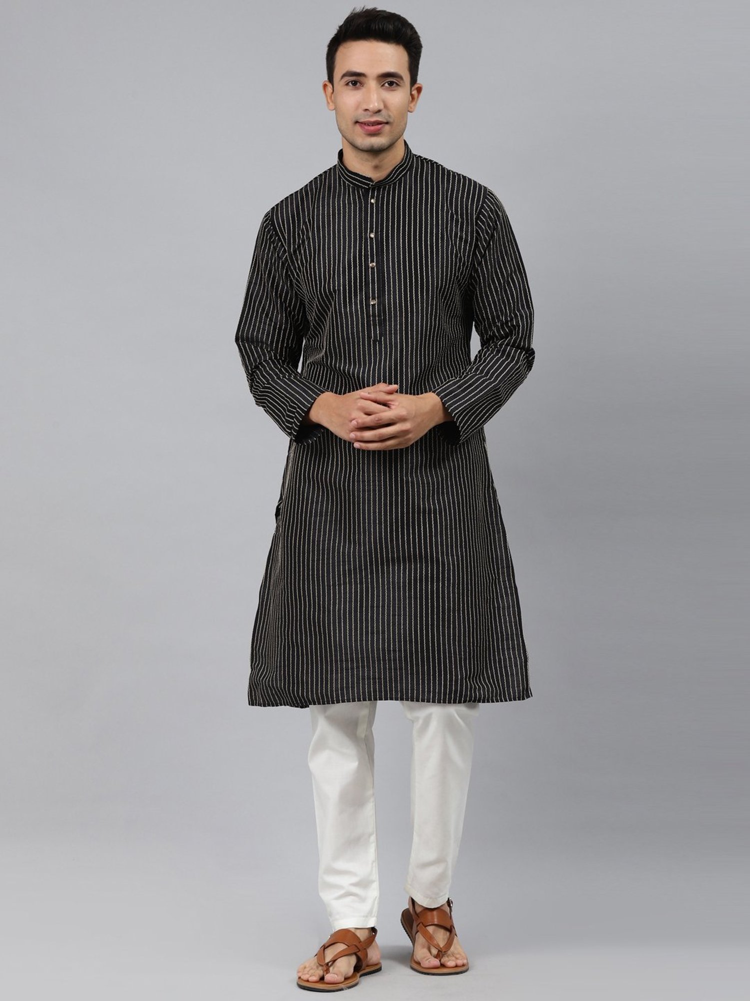 ManQ Black Regular Fit Striped Ethnic Wear