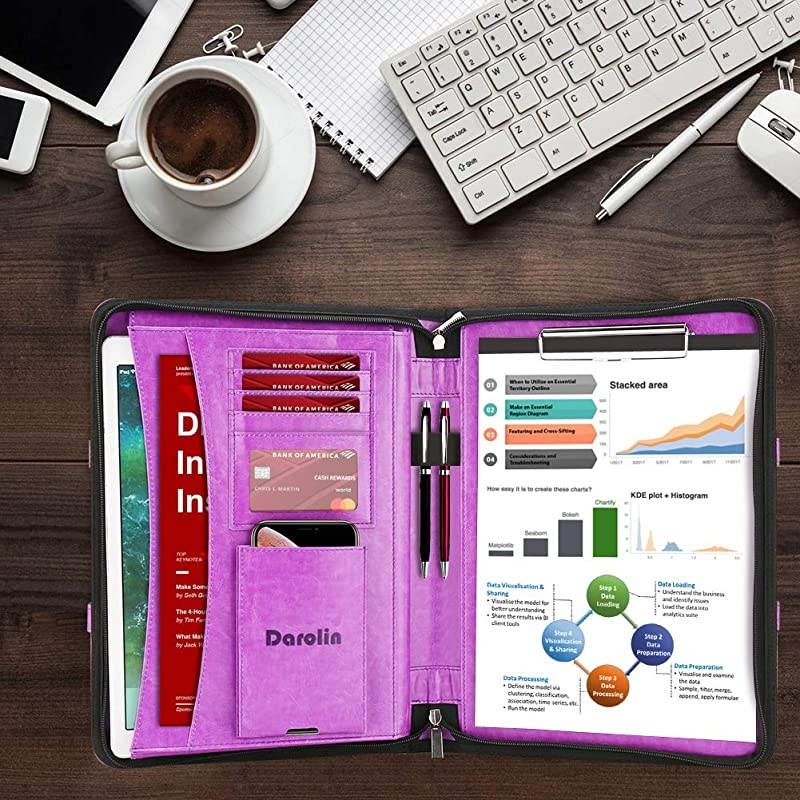 Zippered Leather Padfolio Portfolio with [Hidden Handle] and [Clipboard], Business Conference Portfolio Organizer Notepad Folder, Portfolio Bag, Portfolio Padfolio for Women/Men (Black)