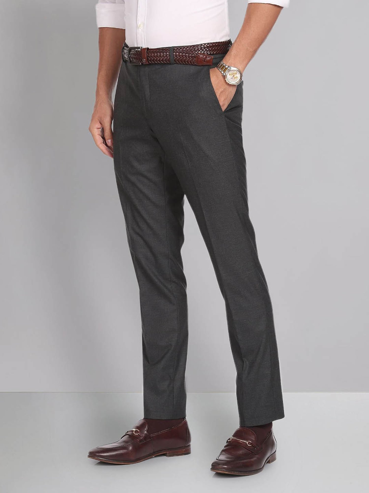 AD by Arvind Dark Grey Slim Fit Flat Front Trousers