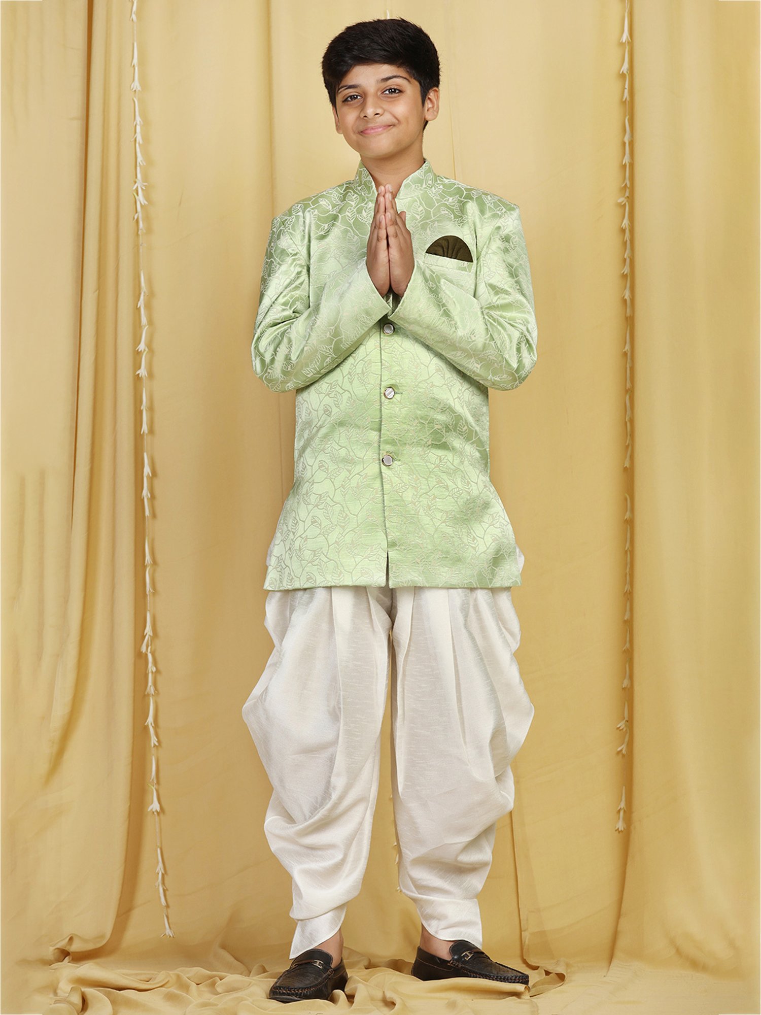 AJ Dezines Kids Green & White Printed Full Sleeves Sherwani with Salwar
