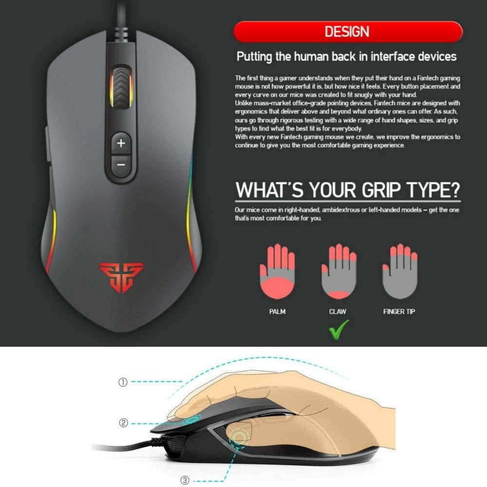 Fantech Basic Wired Gaming Mouse X9 RGB 7 Macro Buttons Programmable True 4800 DPI Claw Grip Comfort Beginner Gaming Mouse for Window PC Black