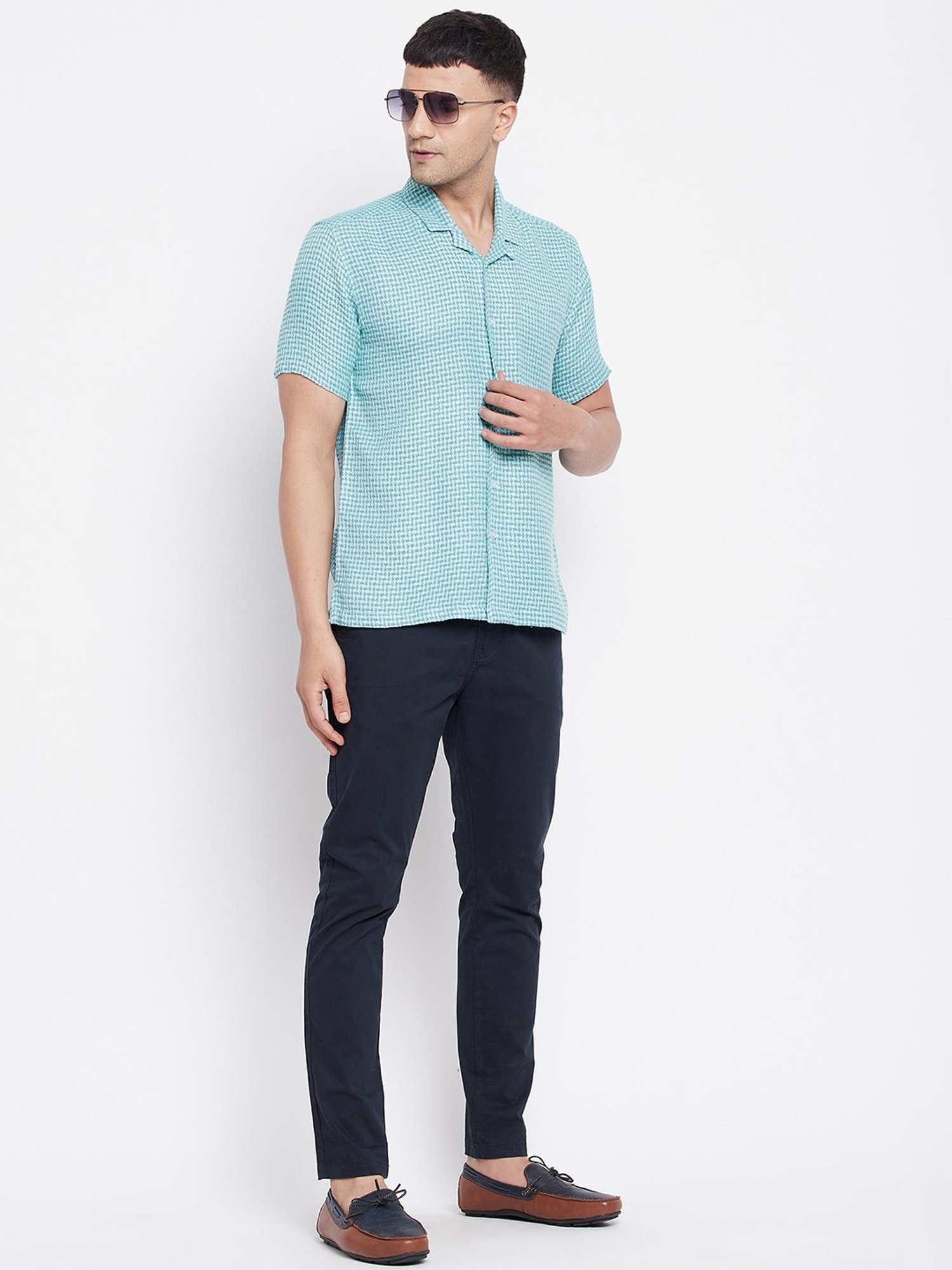 Even Turquoise Regular Fit Printed Shirt