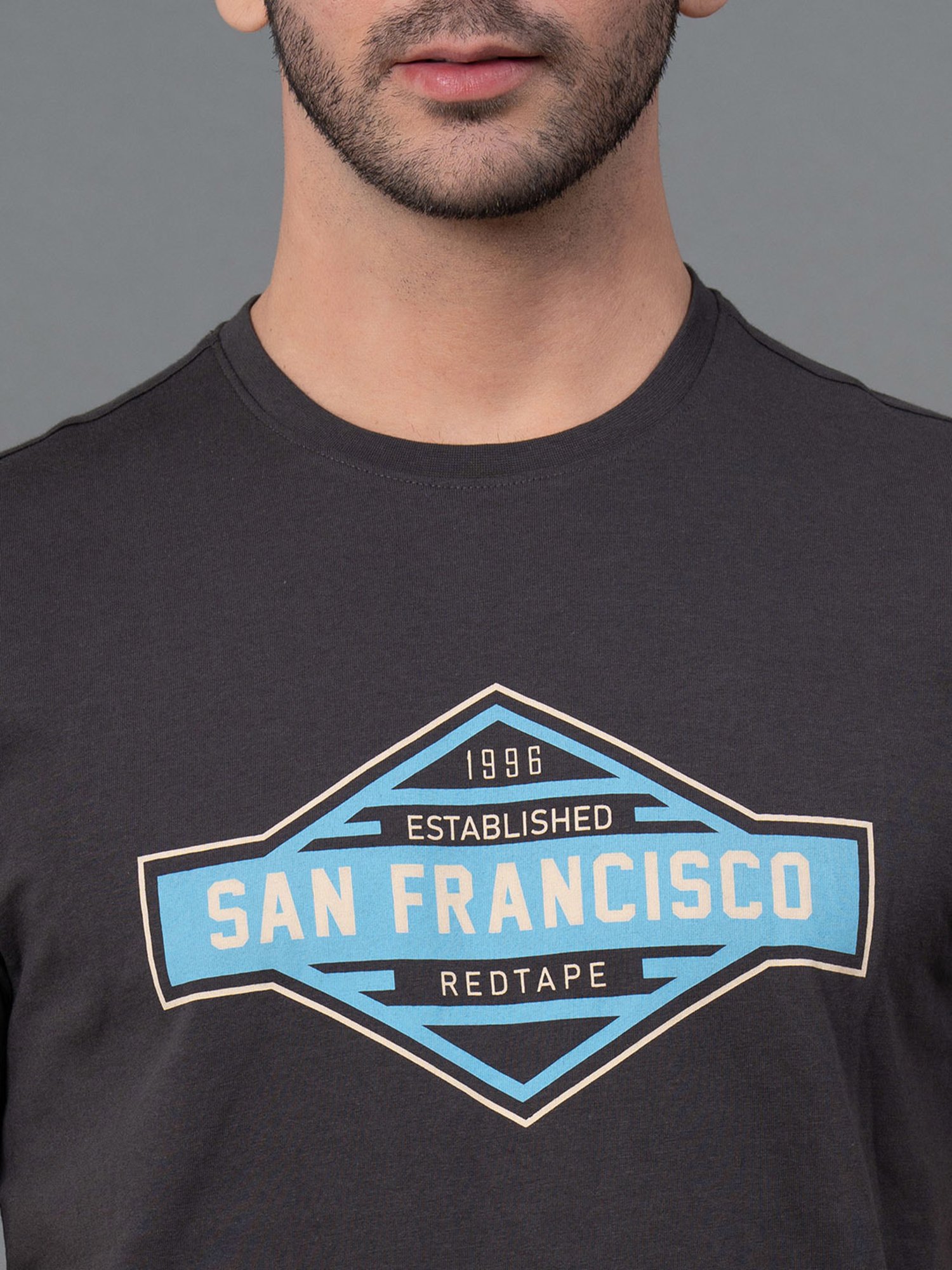 Red Tape Dark Grey Regular Fit Graphic Print Cotton Crew T-Shirt