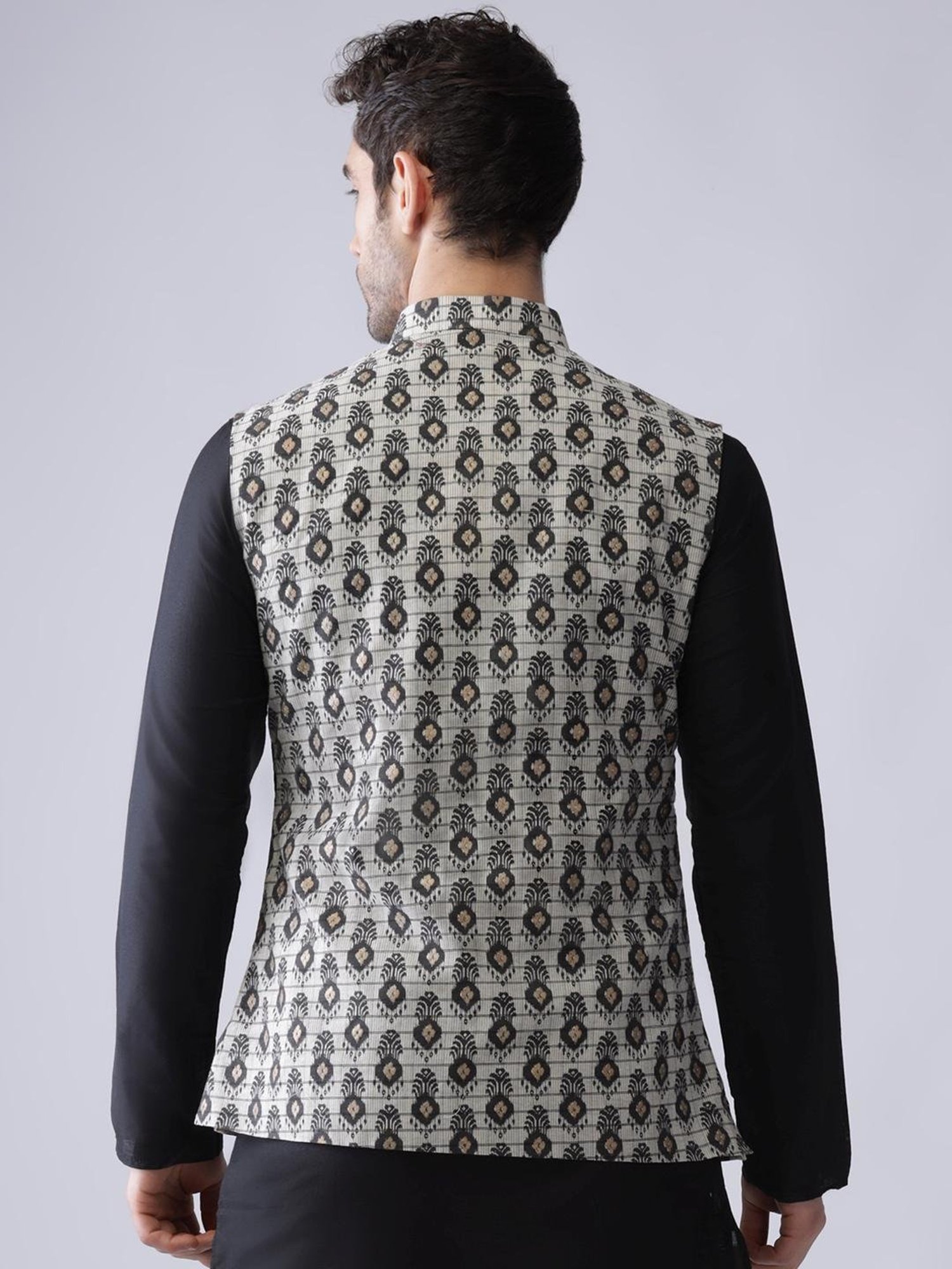 KISAH Grey Regular Fit Printed Nehru Jacket
