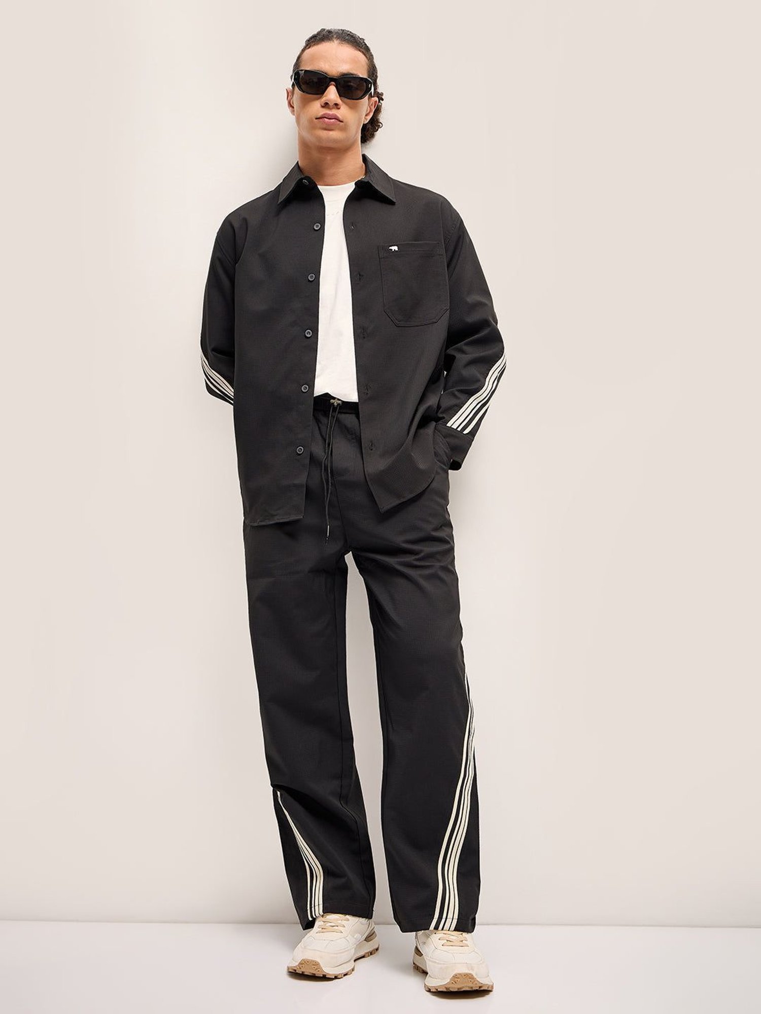 The Bear House Black Straight Fit Striped Trackpants