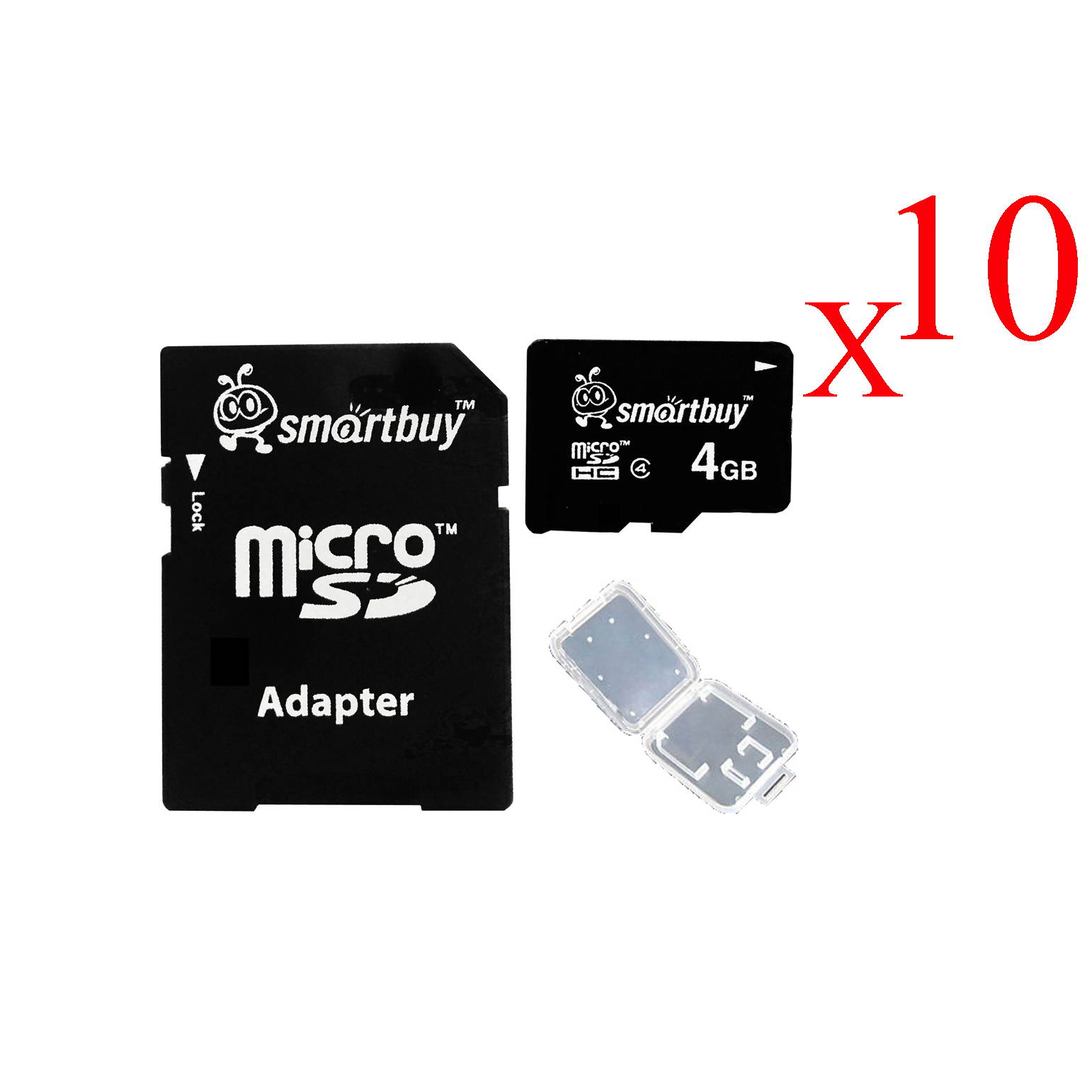 Smartbuy Micro SDHC Class 4 TF Flash Memory Card SD HC C4 For Camera Mobile Phone Tab GPS MP3 TV + Adapter + Mini Case (4GB - 10 Packs)
