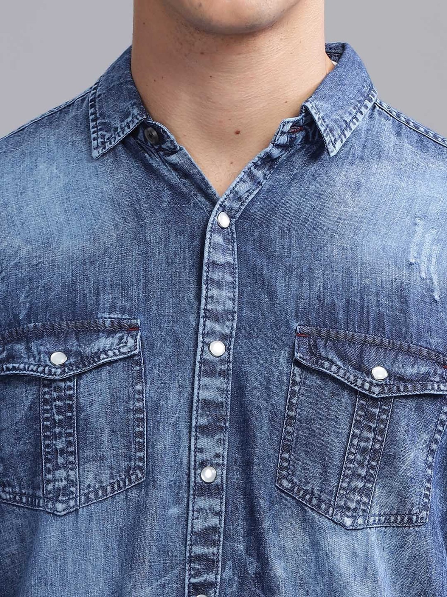 Kuons Avenue Indigo Blue Slim Fit Denim Shirt