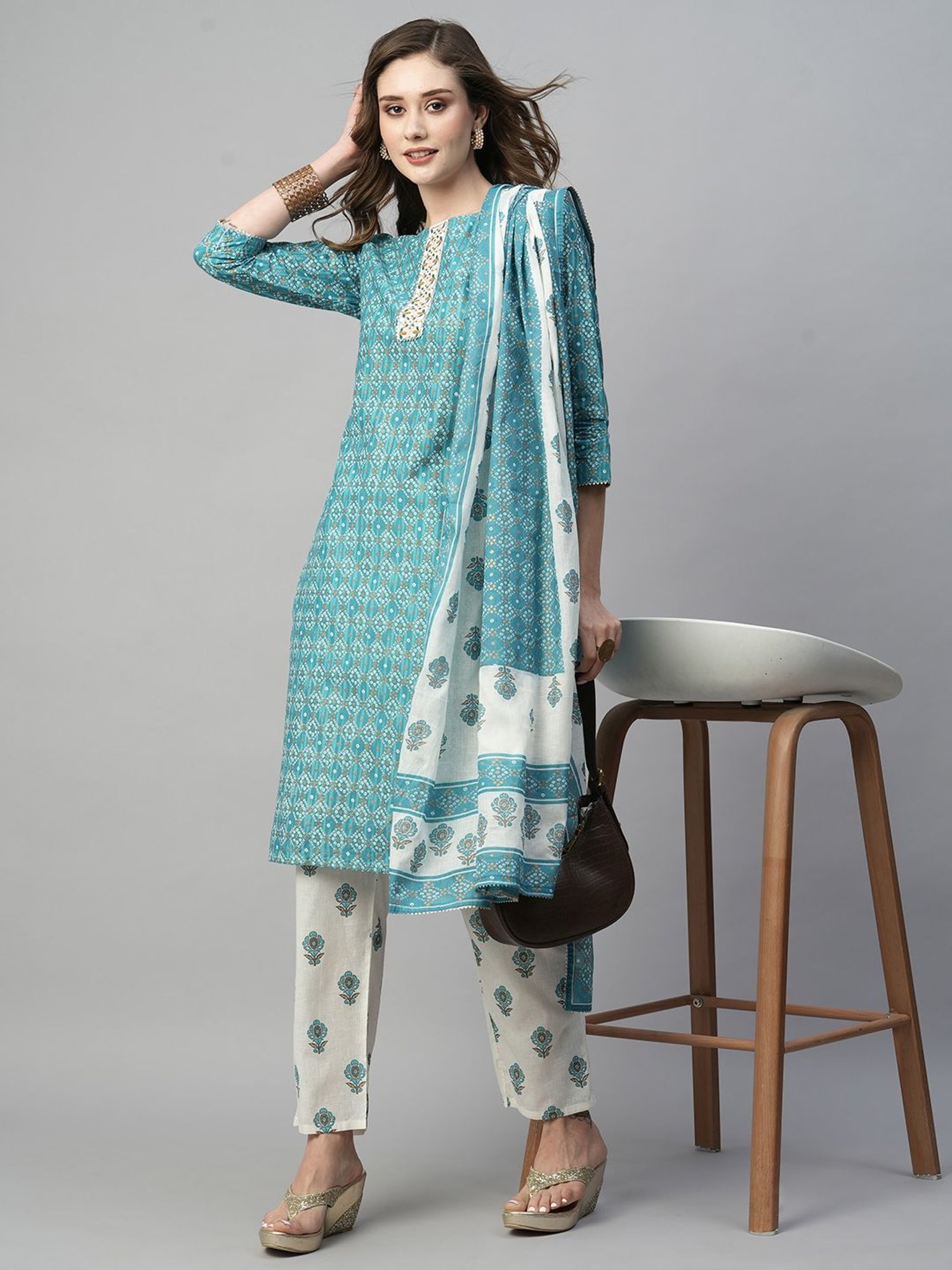 KIANA Blue & White Cotton Printed Kurta Pant Set With Dupatta