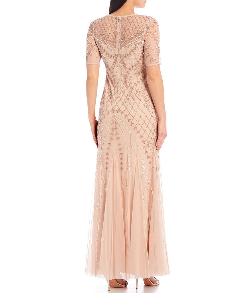 Adrianna Papell All Over Beaded Short Sleeve Jewel Neck A-Line Gown
