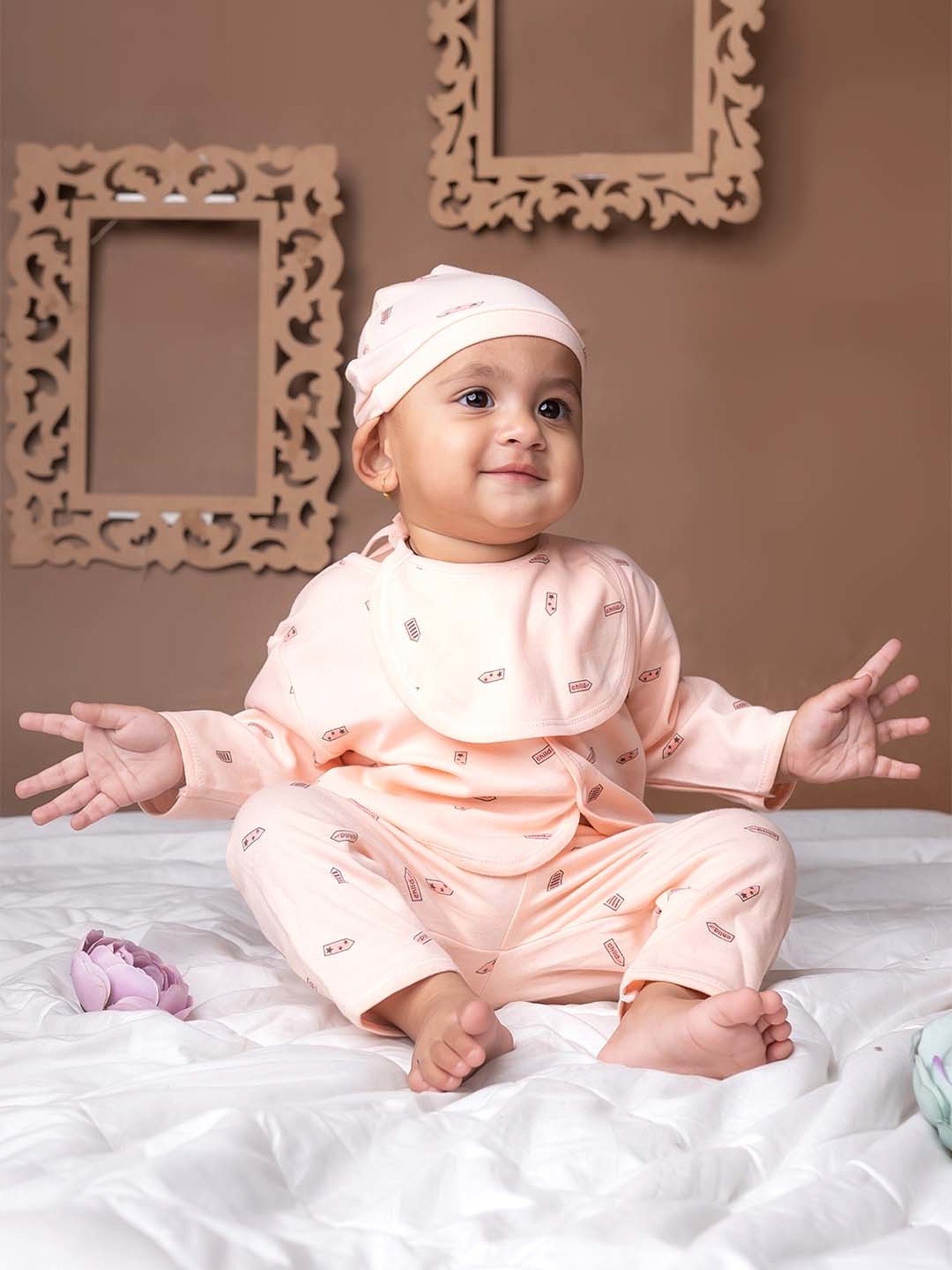 Baby Moo Kids Peach Printed Full Sleeves T-Shirt Set