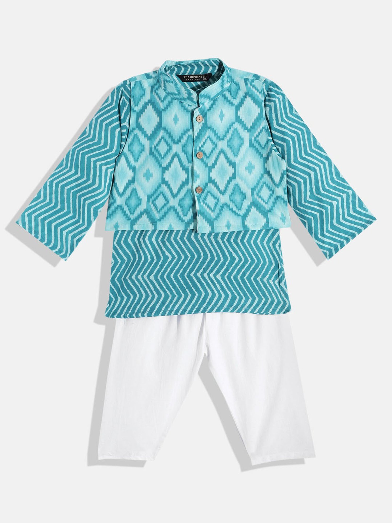 READIPRINT FASHIONS Kids Turquoise & White Printed Full Sleeves Kurta, Nehru Jacket with Pyjamas