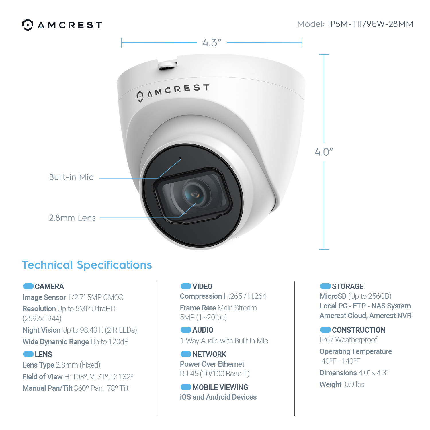 Amcrest UltraHD Outdoor Security IP Turret PoE Camera, 5-Megapixel, 98ft NightVision, 2.8mm Lens, IP67 Weatherproof, MicroSD Recording (256GB), White (IP5M-T1179EW-28MM)