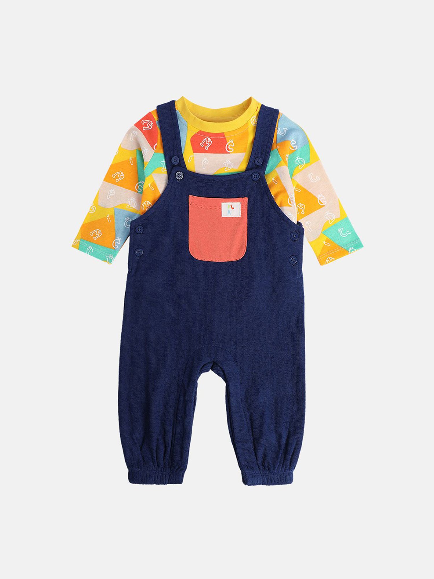MINIKLUB Boys Navy & Yellow Printed Full Sleeves T-Shirt with Dungaree