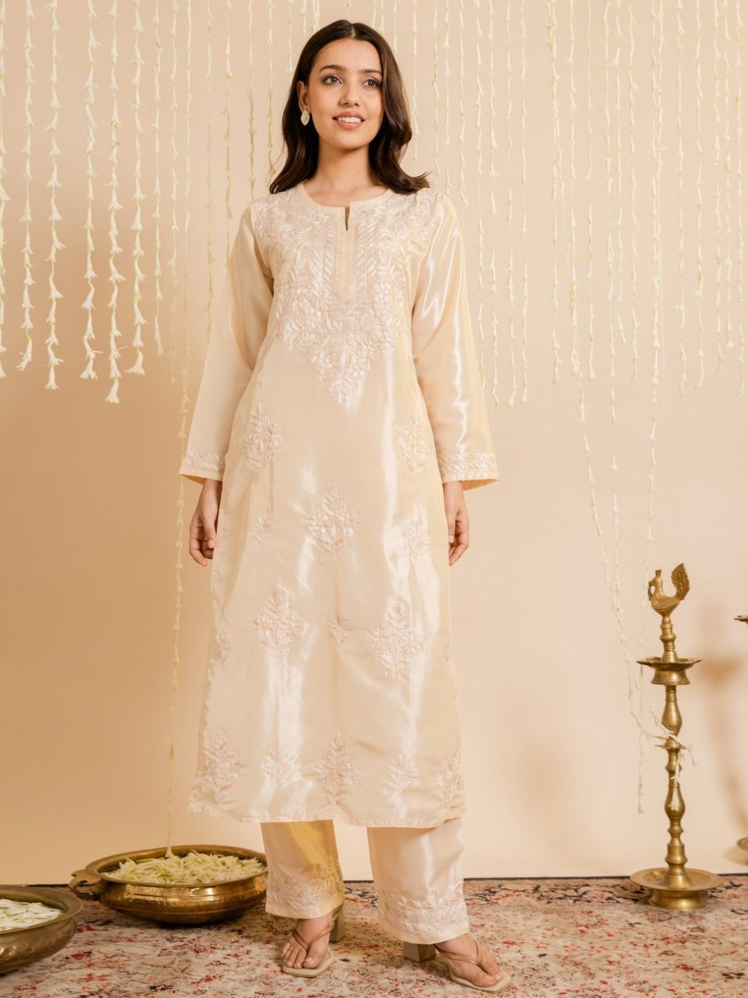 House of Kari Beige Fizaa'S Silk Chikankari Kurta