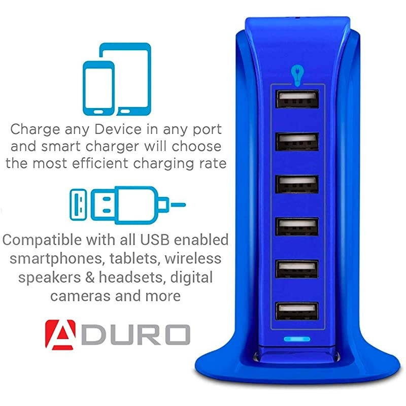 40W 6Port USB Desktop Charging Station Hub Wall Charger for iPhone iPad Tablets Smartphones with Smart Flow Blue
