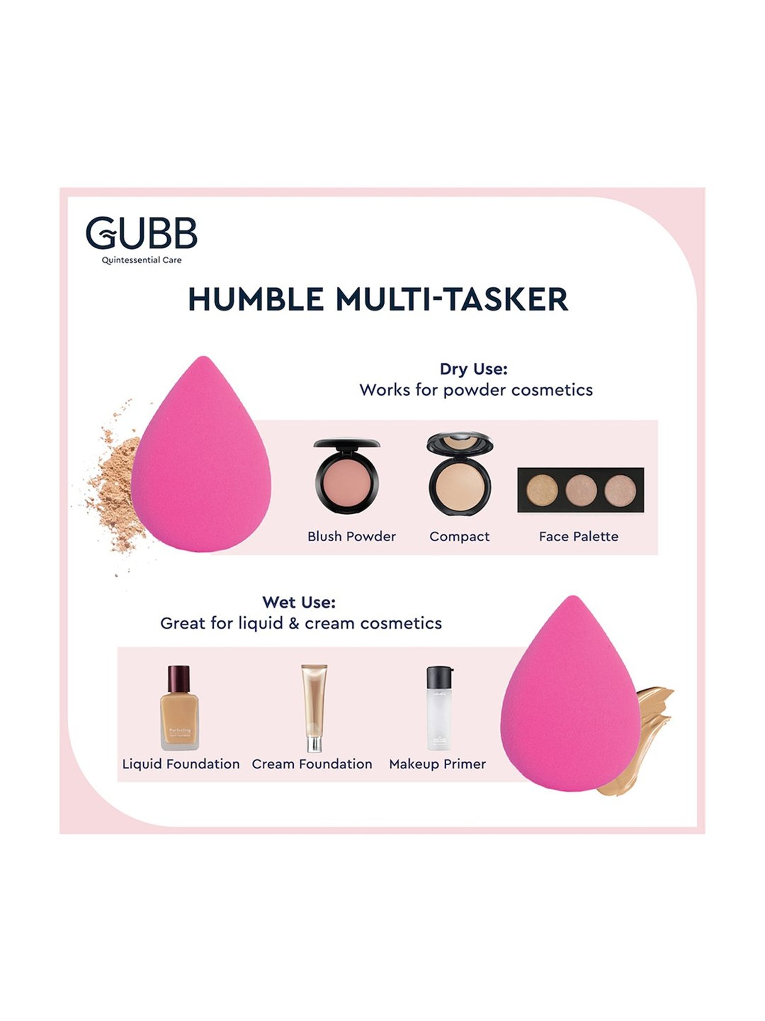 GUBB Beauty Blender for Face Makeup Application, Makeup Sponge - Bright Pink