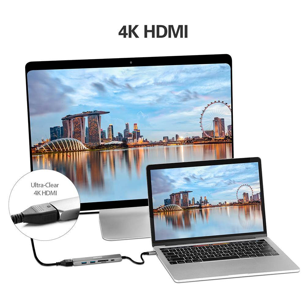 6-in-1 usb-c hub, zendure 49w slim aluminum adapter with 4k usb c to hdmi, microsd/sd card reader, 2 usb 3.0 ports, for macbook