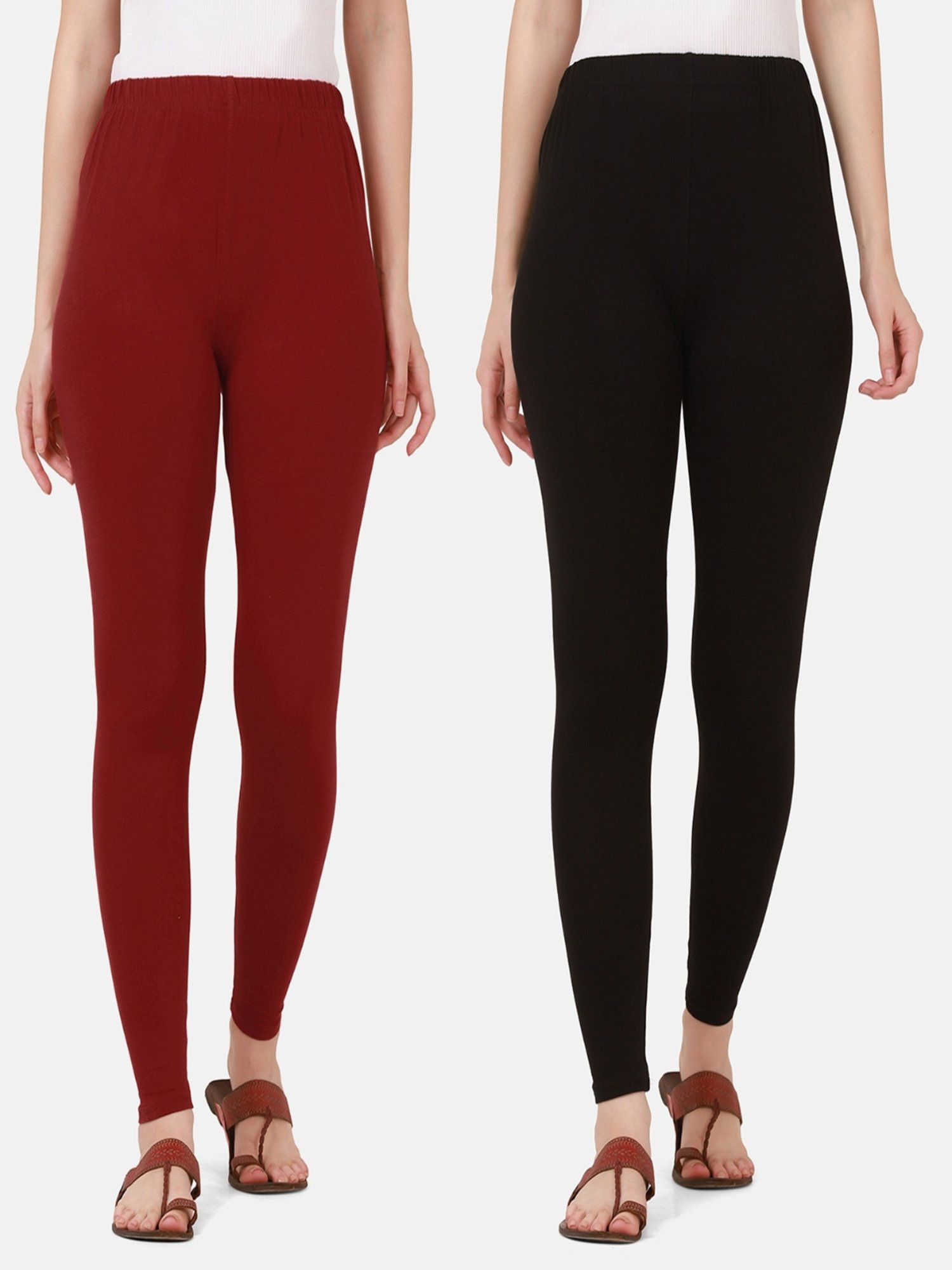 BUYNEWTREND Maroon & Black Cotton Leggings - Pack Of 2