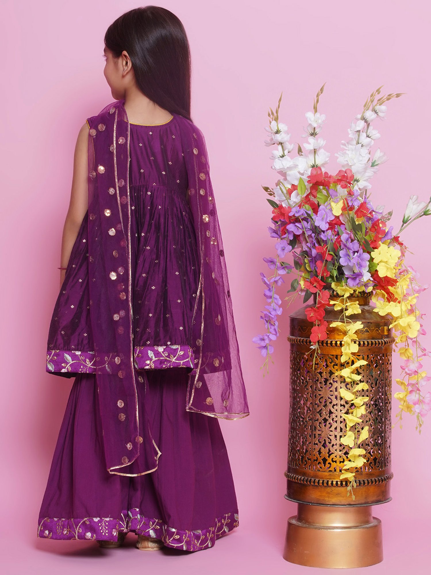 Little Bansi Girls Purple Embroidered Kurta, Sharara with Dupatta