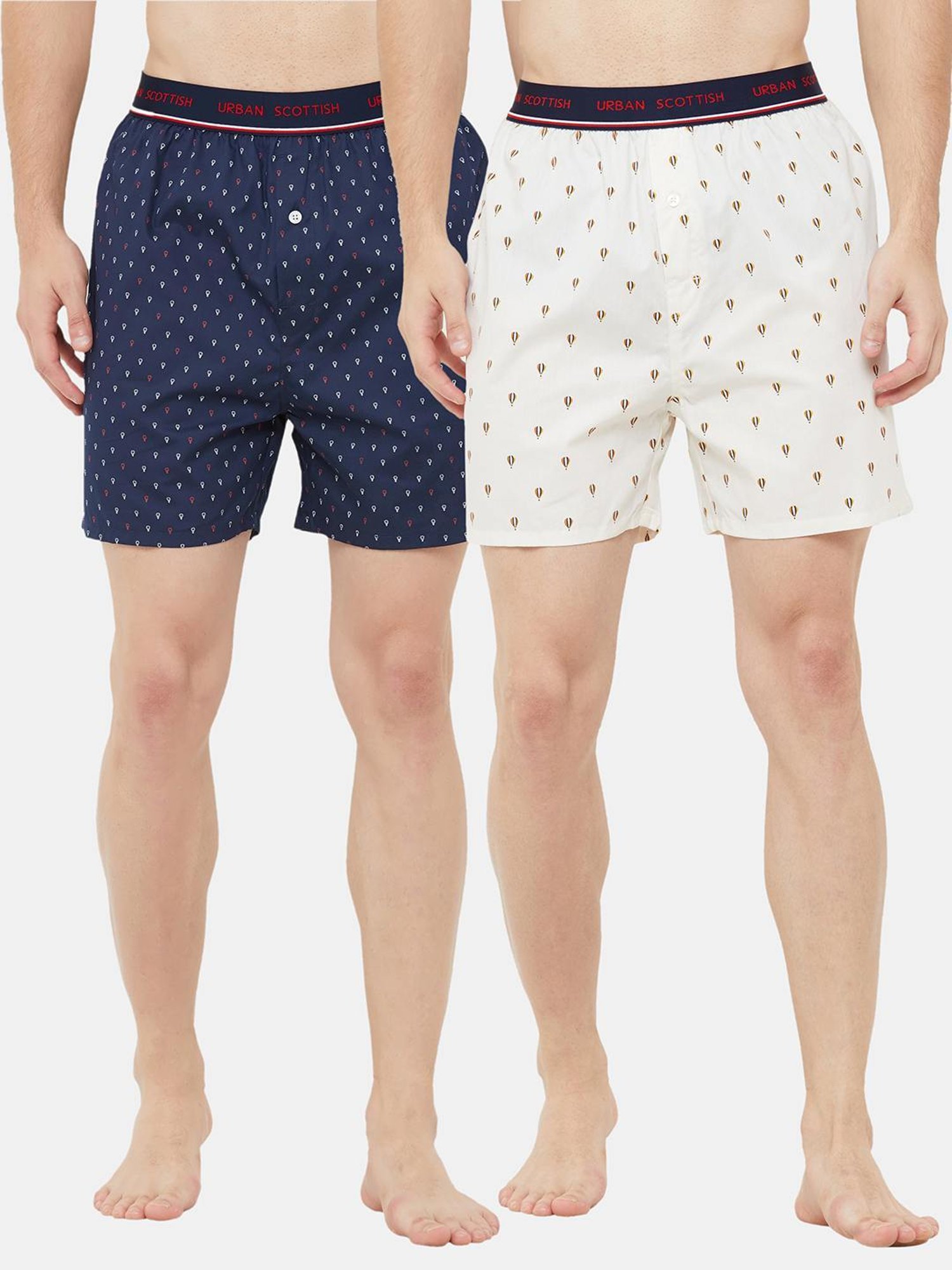 Urban Scottish White & Navy Regular Fit Printed Boxers - Pack Of 2