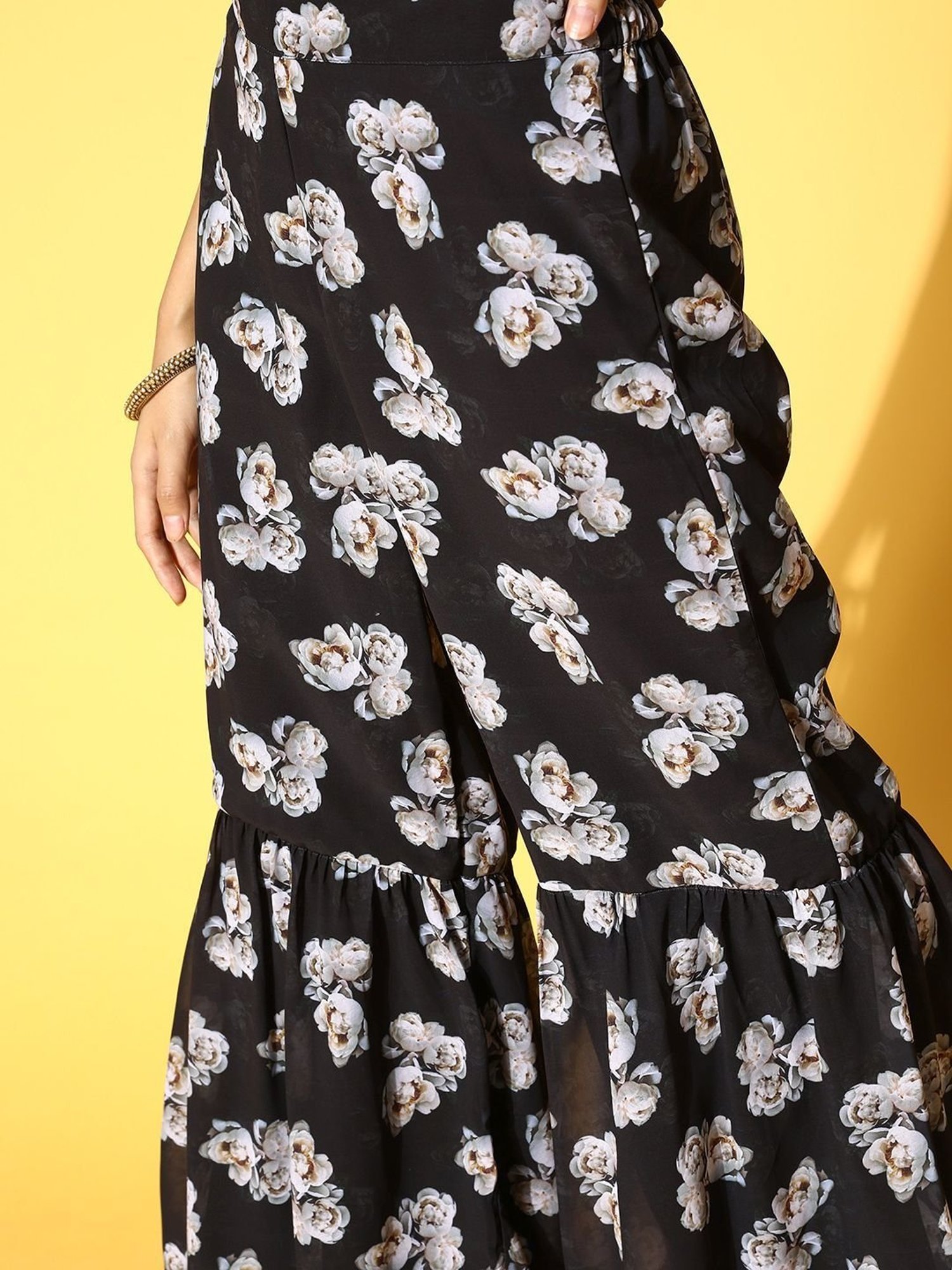 Ziyaa Black Floral Print Kurta Sharara Set