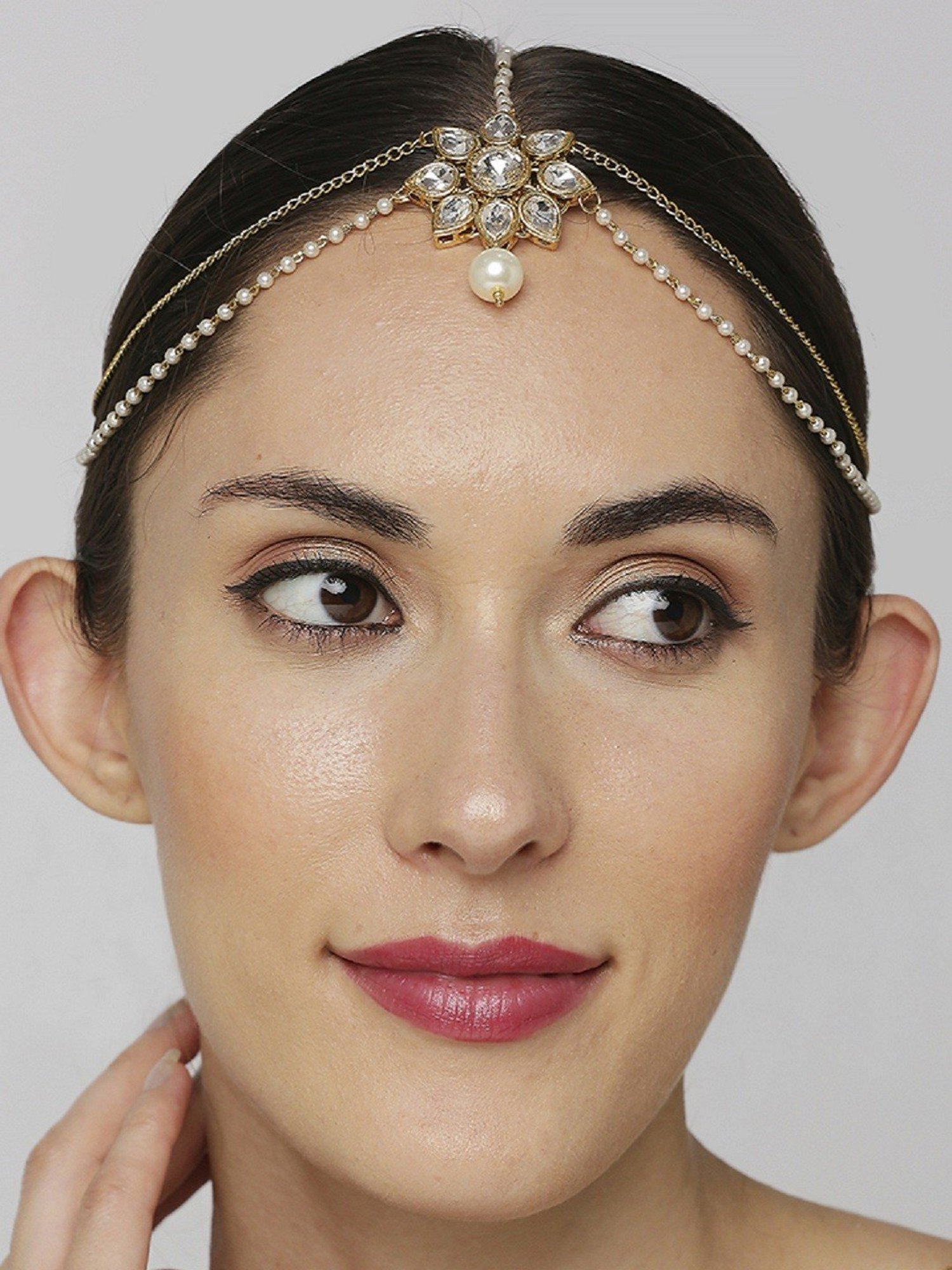 Oomph Gold Tone Kundan and Pearls Floral Traditional Matha Patti