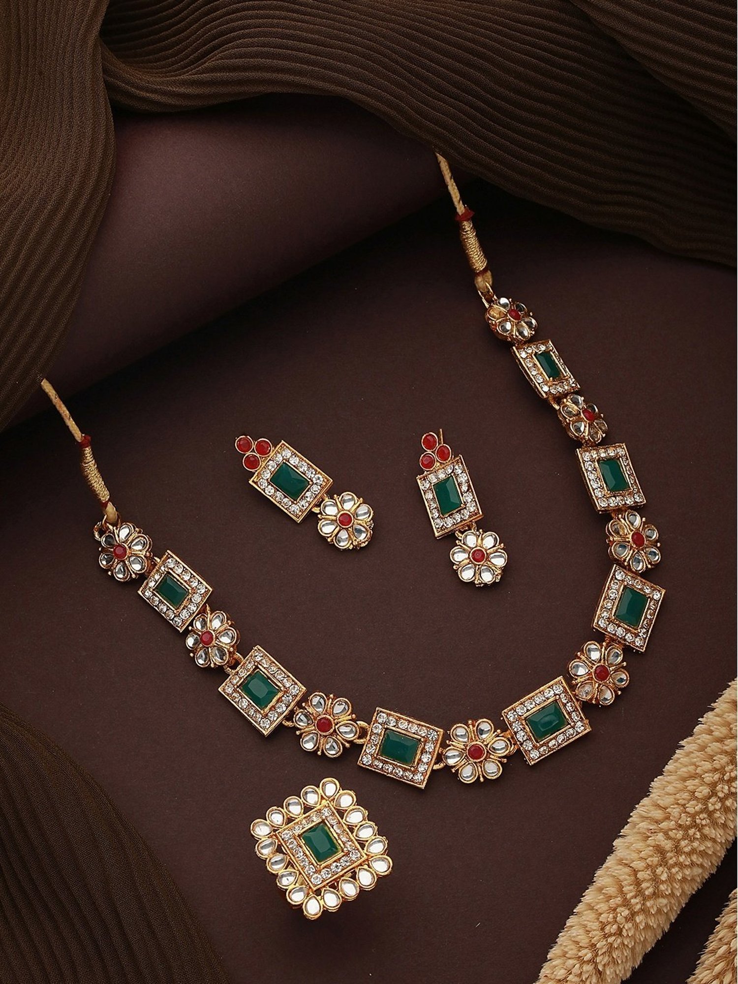 Aatmana Green Necklace, Earring & Ring Set for Women